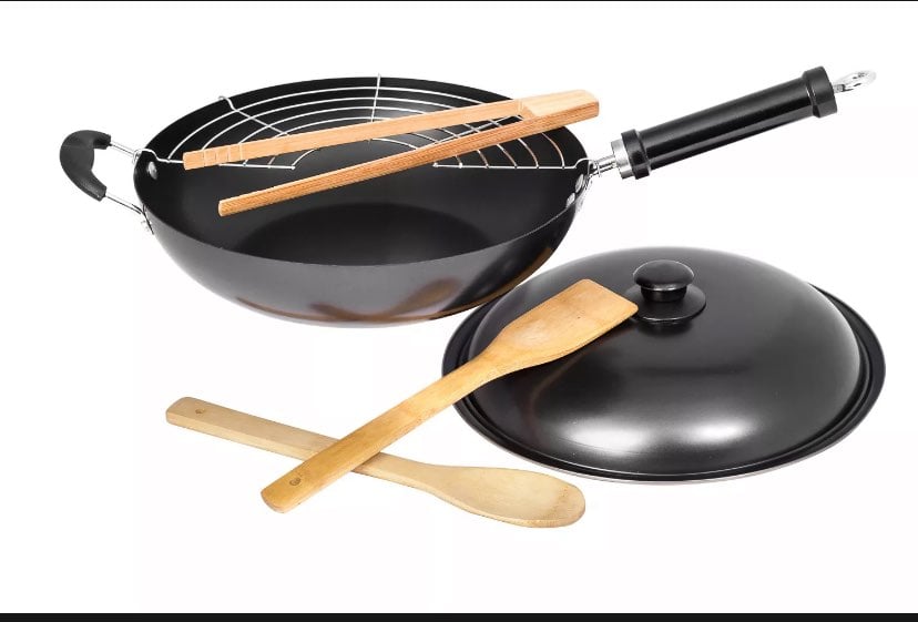 Non Stick 12 Fire Wok Set With Stainless Steel Grill Utensils and Lid