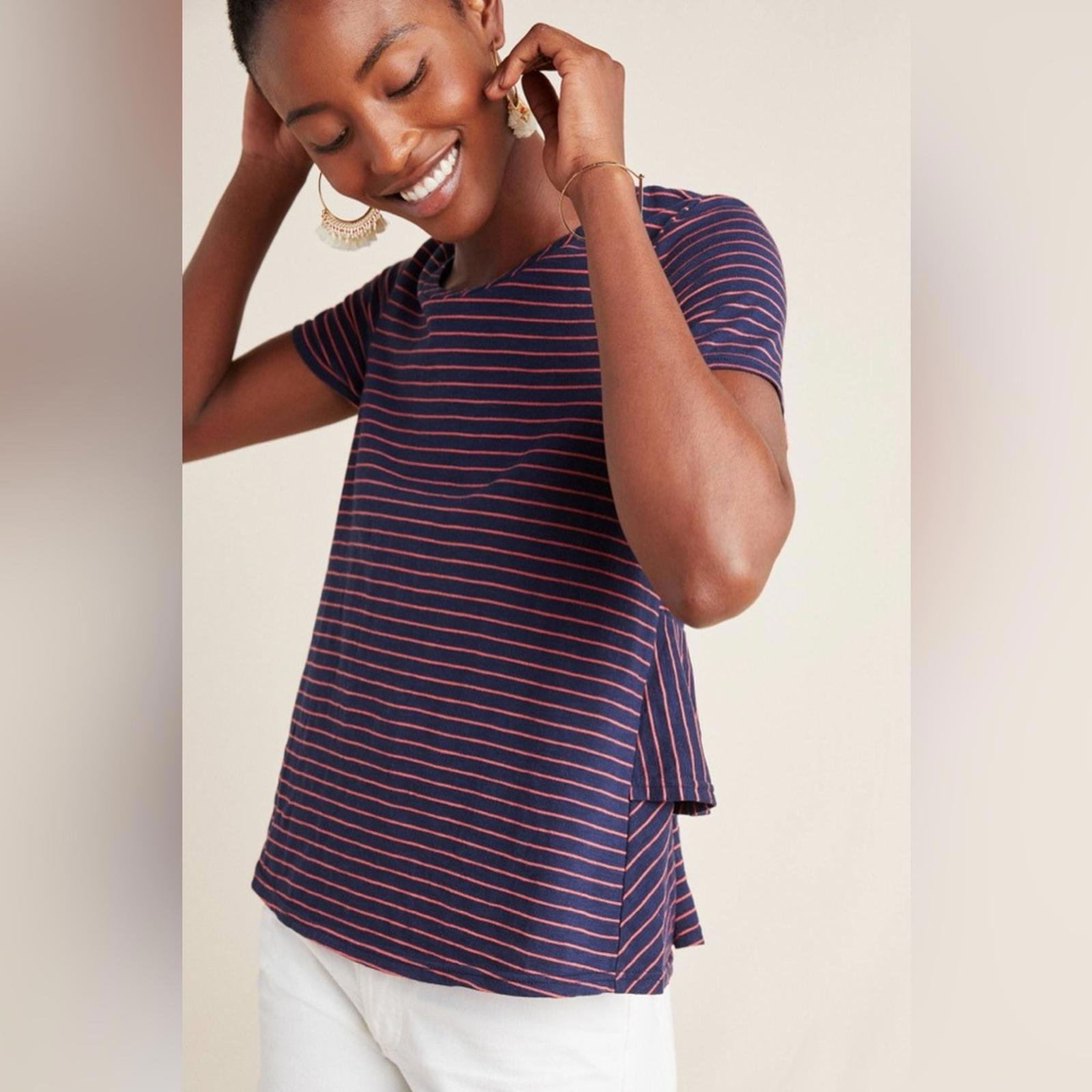 NWT Anthropologie Laura Ruffled Navy And Red Stripe Casual Top- Size Large