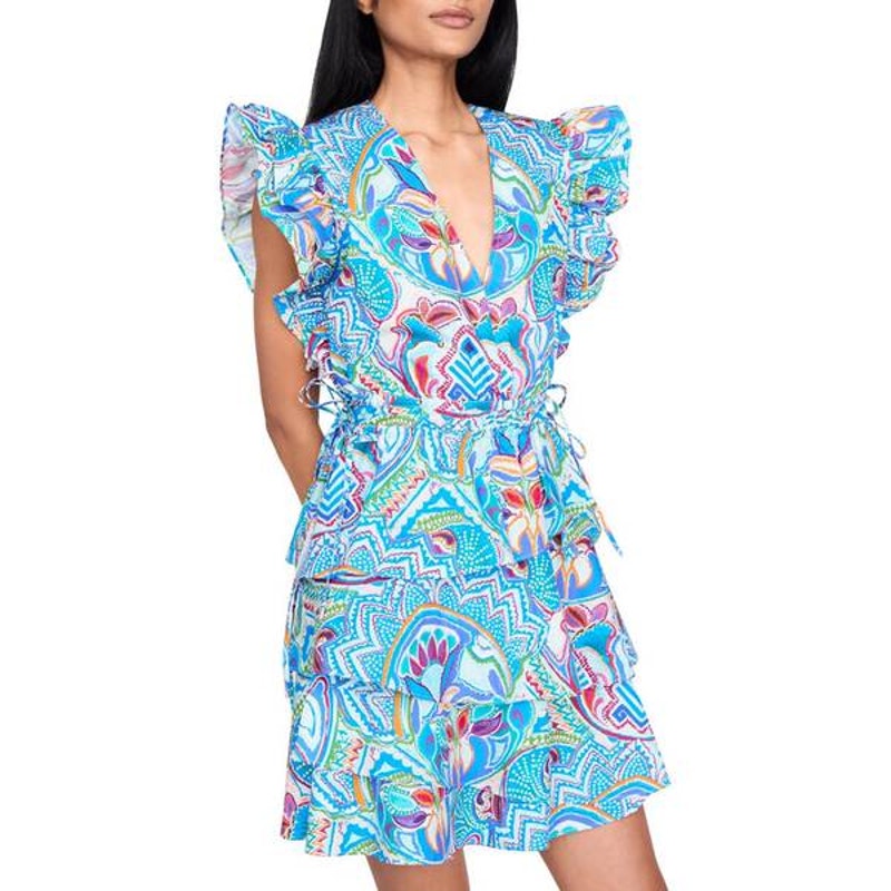 Marie Oliver Genette Ruffle Wrap Mini Dress Blue Multi Print 2G14-138-205A XXS