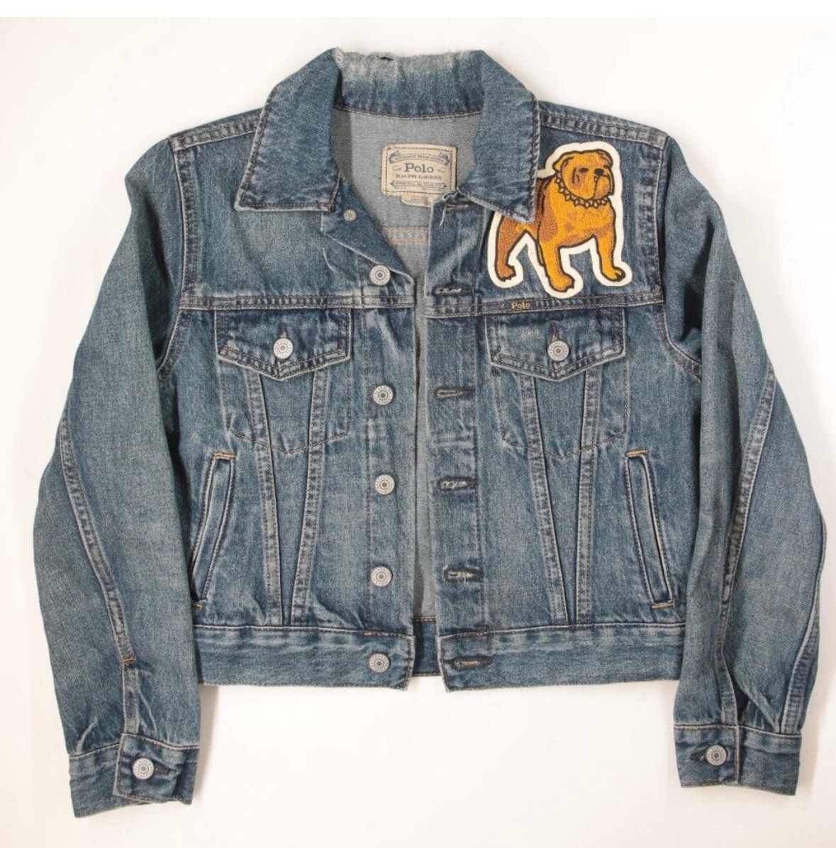 Custom Polo Ralph Lauren Kids Trucker Denim New York Bulldog Jean Jacket Size 12