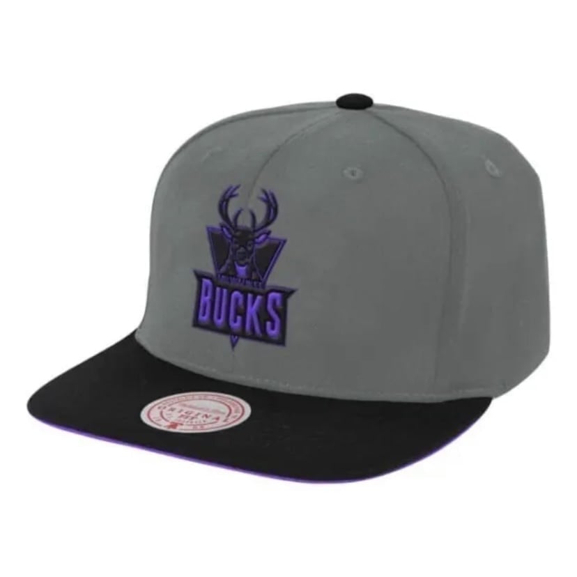 Mitchell & Ness Milwaukee Bucks Neon Lights Snapback Hat Cap Grey Purple Logo