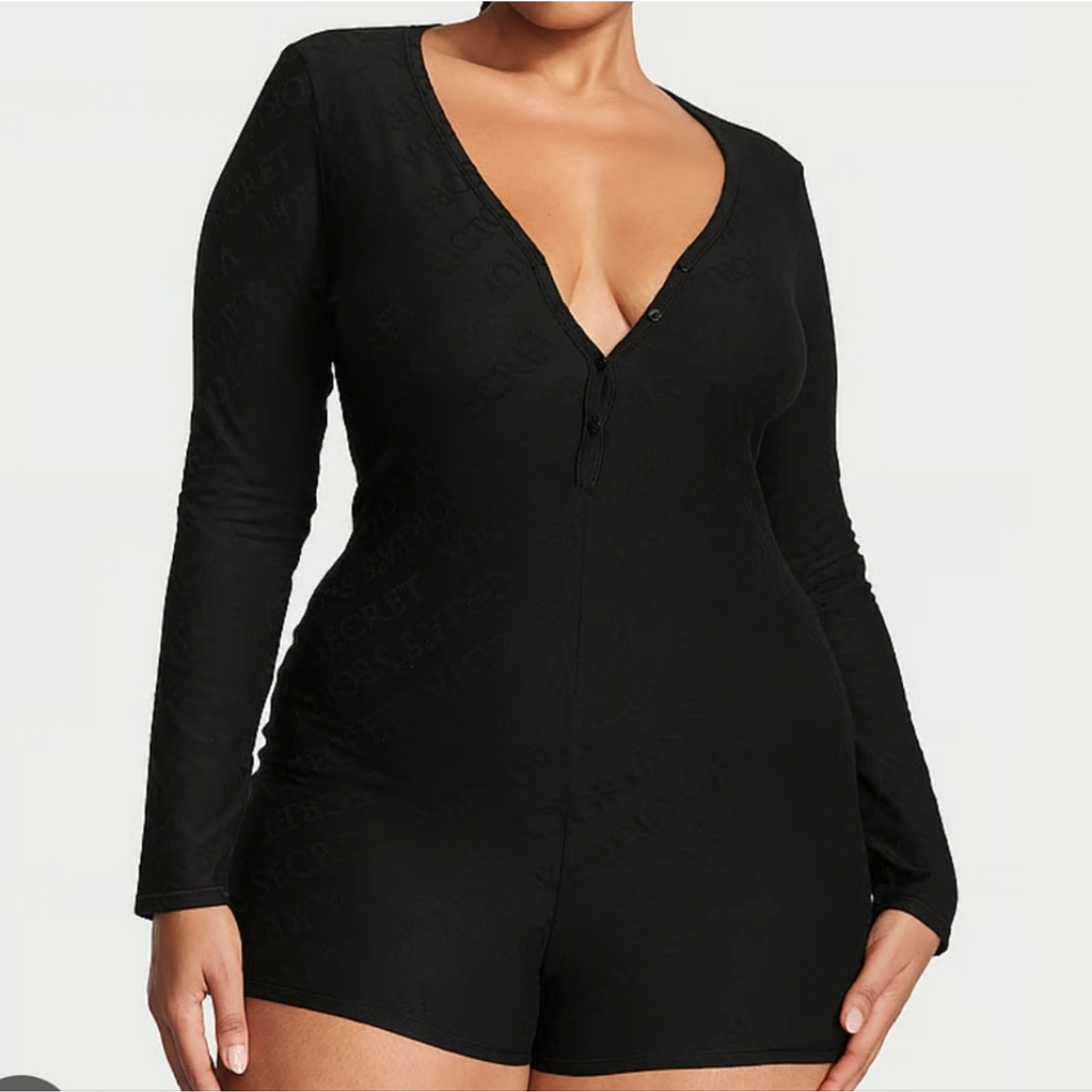 Victoria's Secret Black Long Sleeve Button Front Terrot Cotton Romper