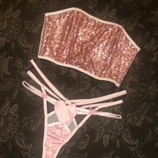 For Love & Lemons Strappy Heart Thong & VS Pink Glitter Strapless Bustier -L/XL