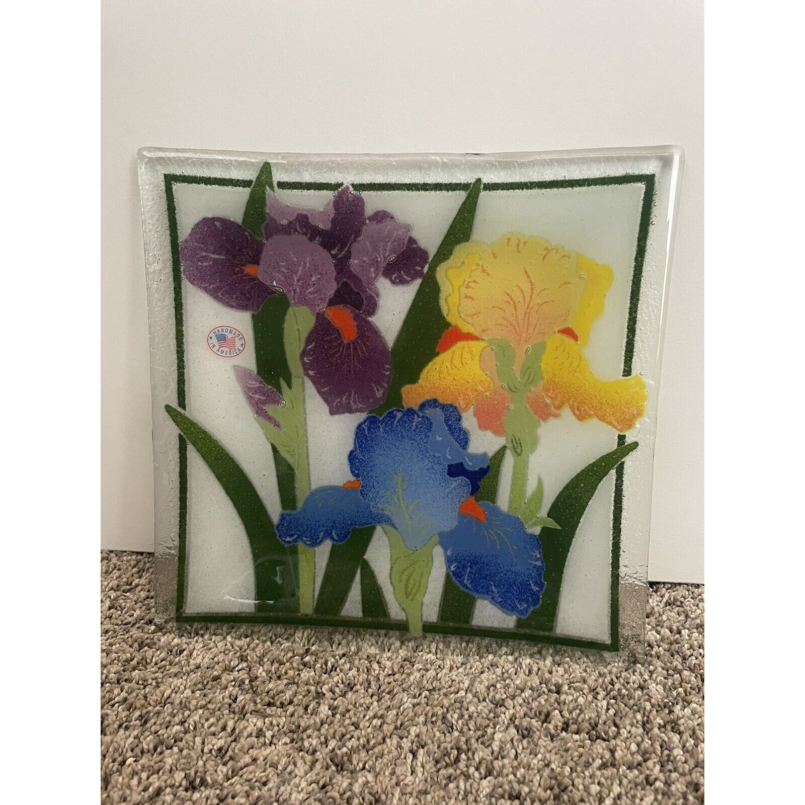 Peggy Karr 10 Square Iris Fused Glass Plate Multi-Colored Made In USA Signed