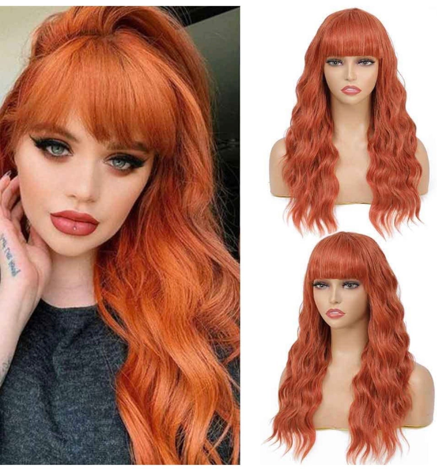 Human hair blend ginger orange curly wave wig