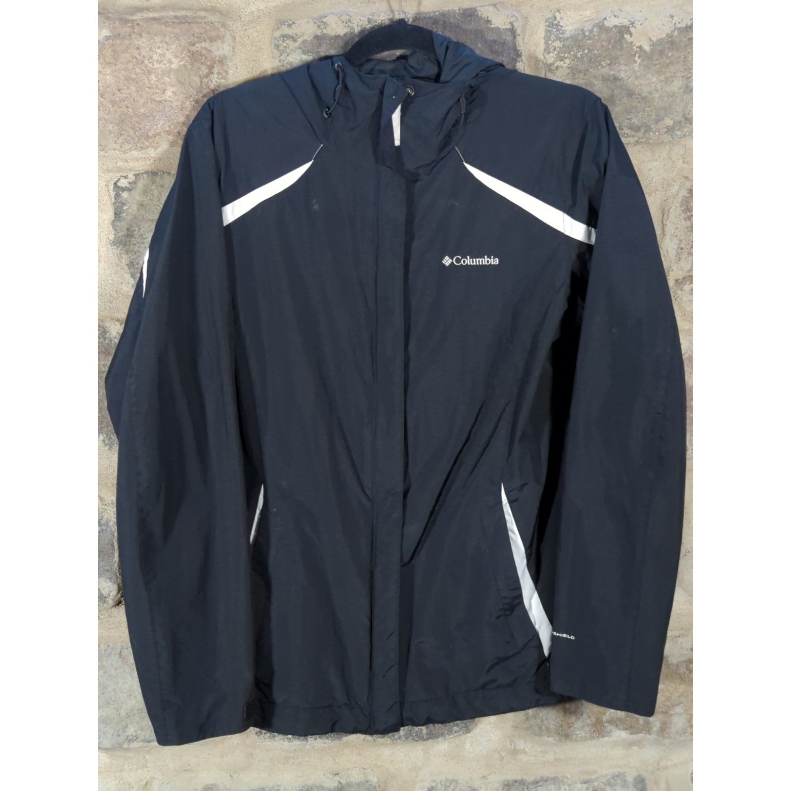 Columbia Coat Woman's Large Black White Interchange Hooded Omni-Shield Nylon