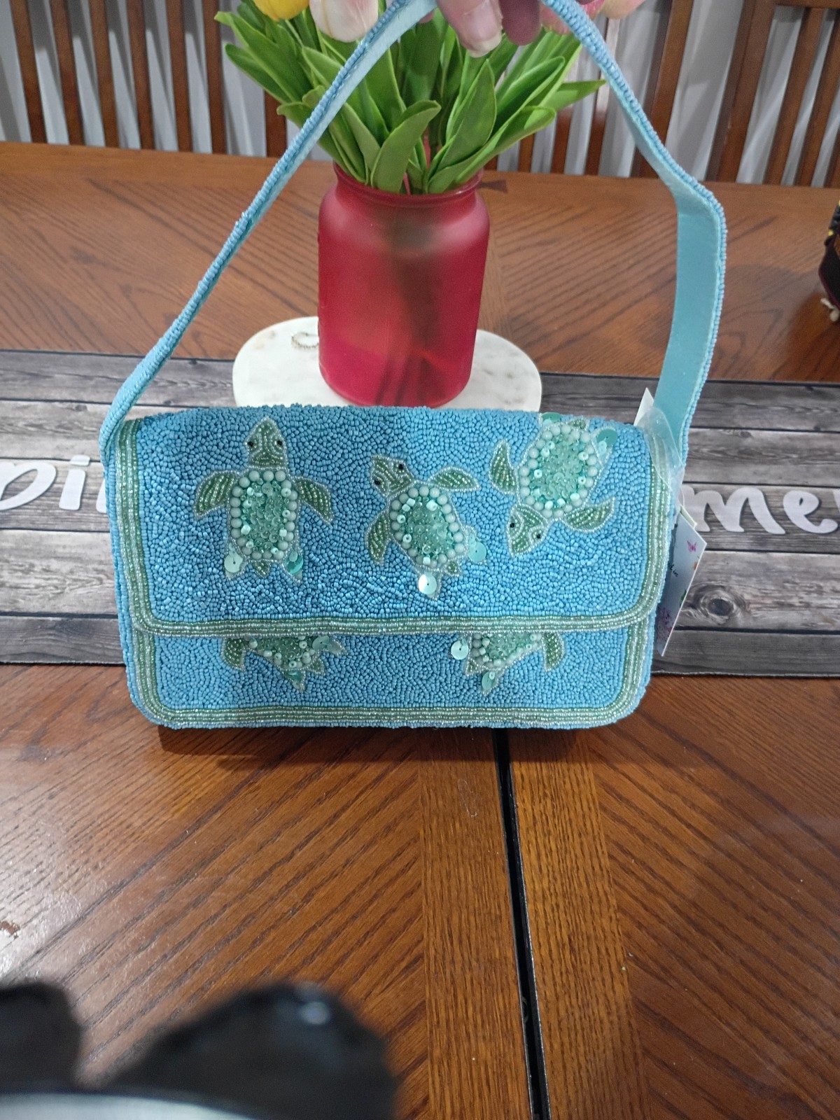 New Baby Blue & Turquoise Made in India Sea Turtle beaded purse, handbag