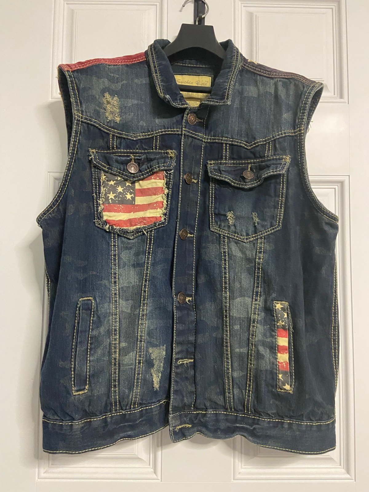 T8a- SMOKE RISE Dark Wash PATRIOTIC Camo Distressed Denim Vest