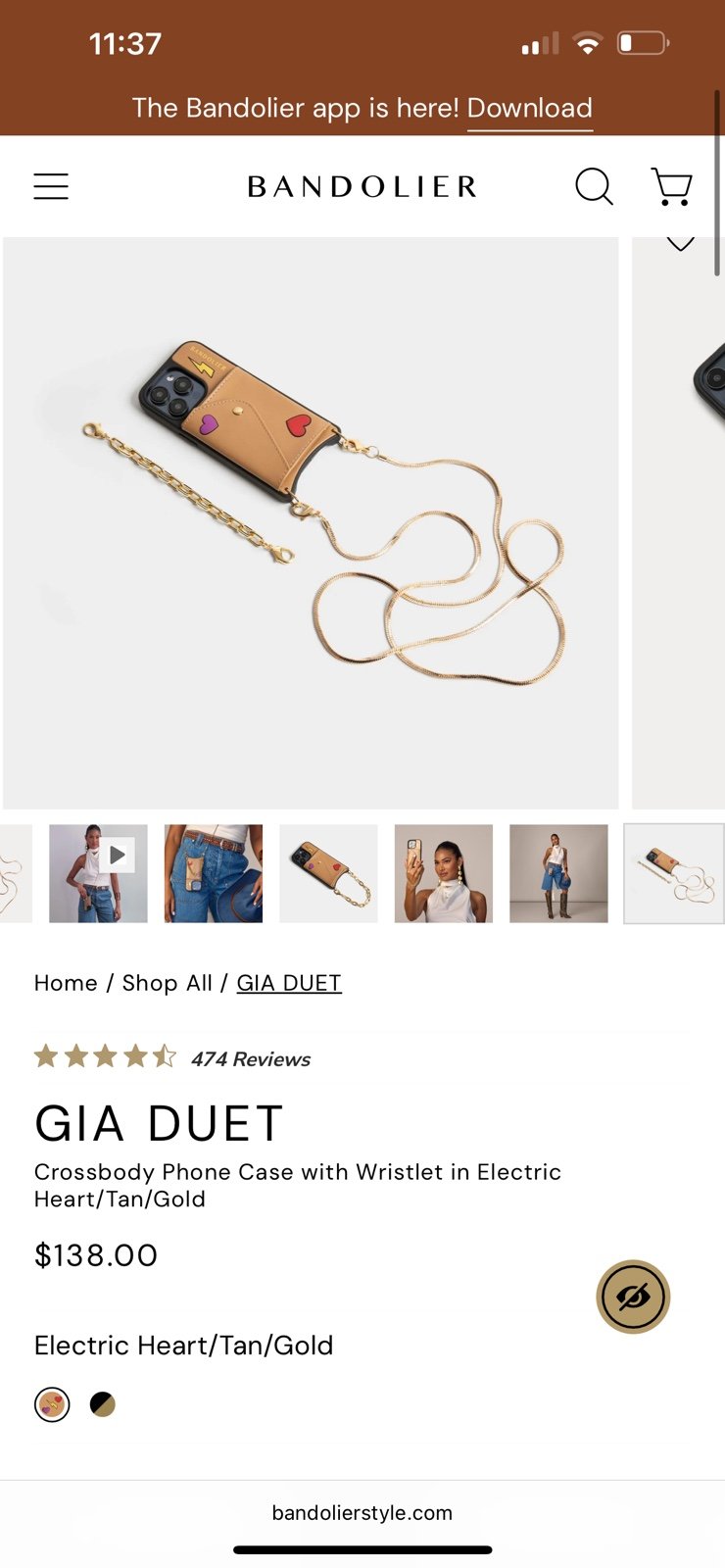 ★Bandolier★GIA DUET★X-body&Wristlet★Elec Heart/Tan/Gld Bandolier- GIA DUET Crossbody Phone Case with Wristlet in