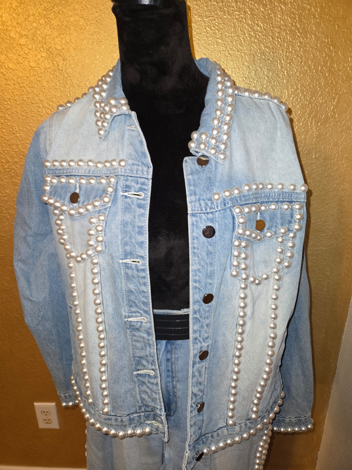 Two piece Denim Jacket and pants with embellished pearls