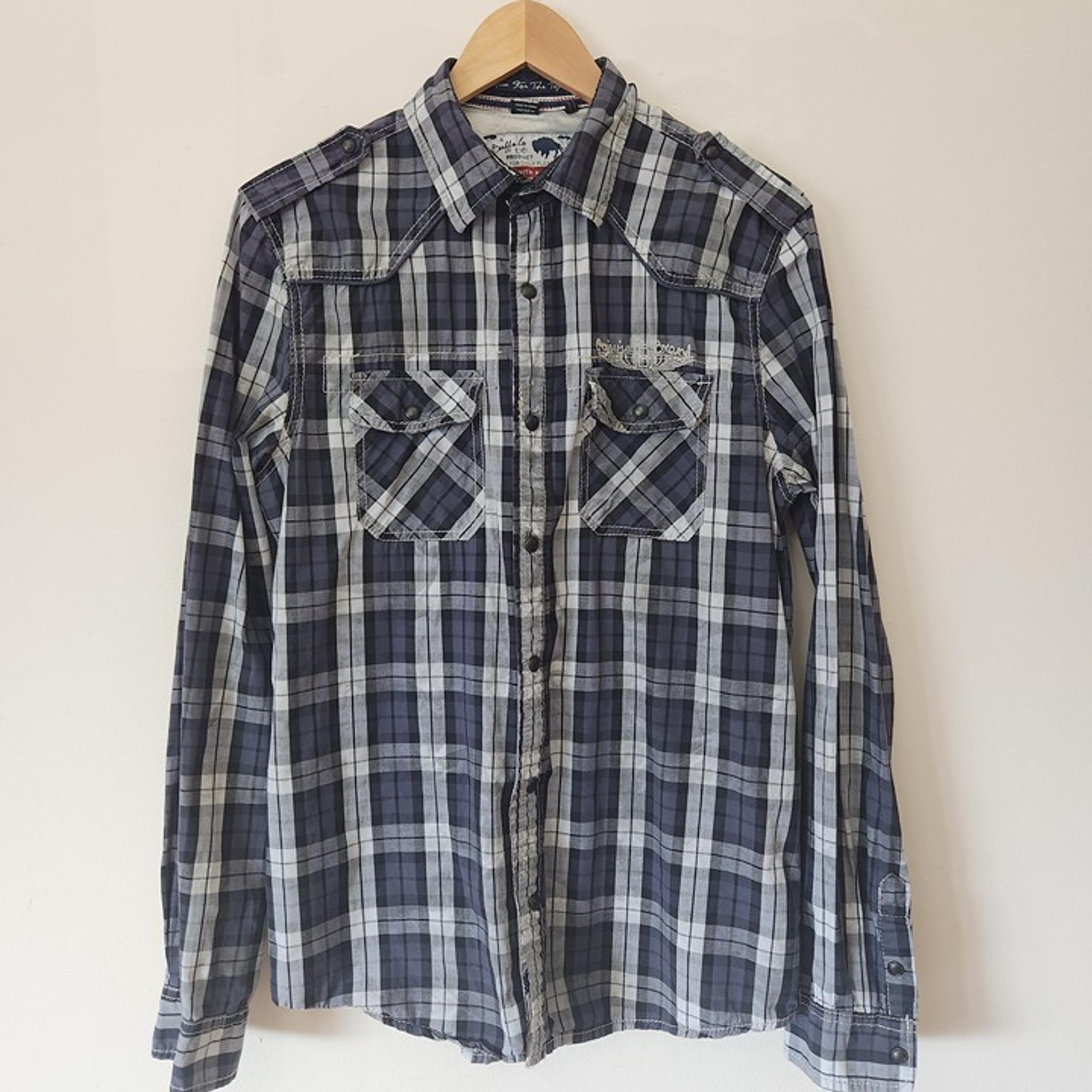 Buffalo David Bitton Shirt Men Navy Plaid Long Sleeve Button Cotton Size S