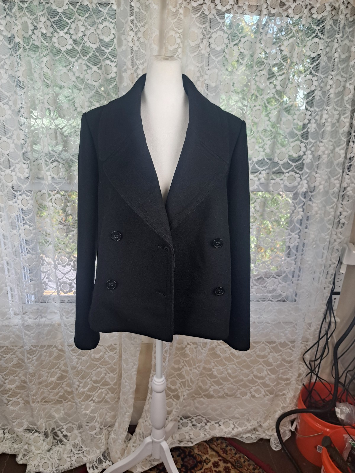 THEORY Wool Blend Black Double Breasted Short Peacoat Womens Jacket Size M