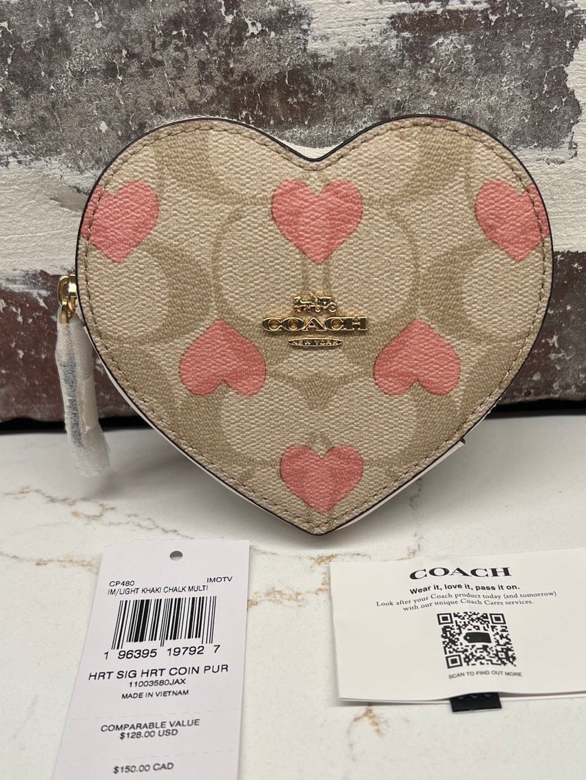 Heart Coin Case In Signature Canvas With Heart Print CP480