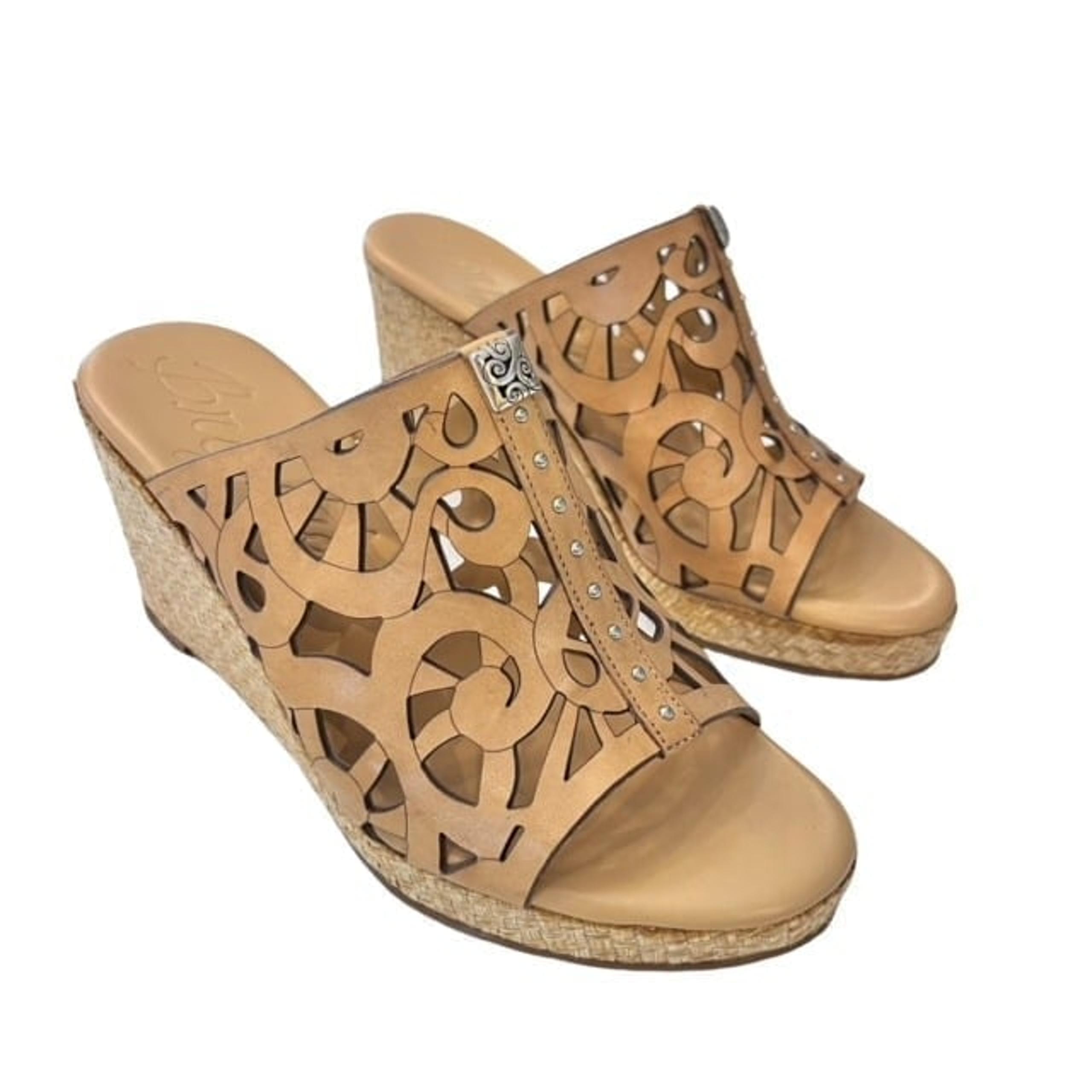 Brighton Daria Tan Leather Silver Charm Woven Wedge Sandals Size 6M BOHO Summer