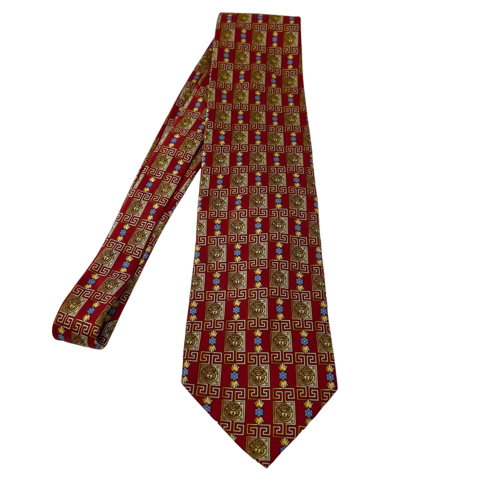 Vintage 80s Gianni Versace 100% Silk Tie Medusa Print Red Gold