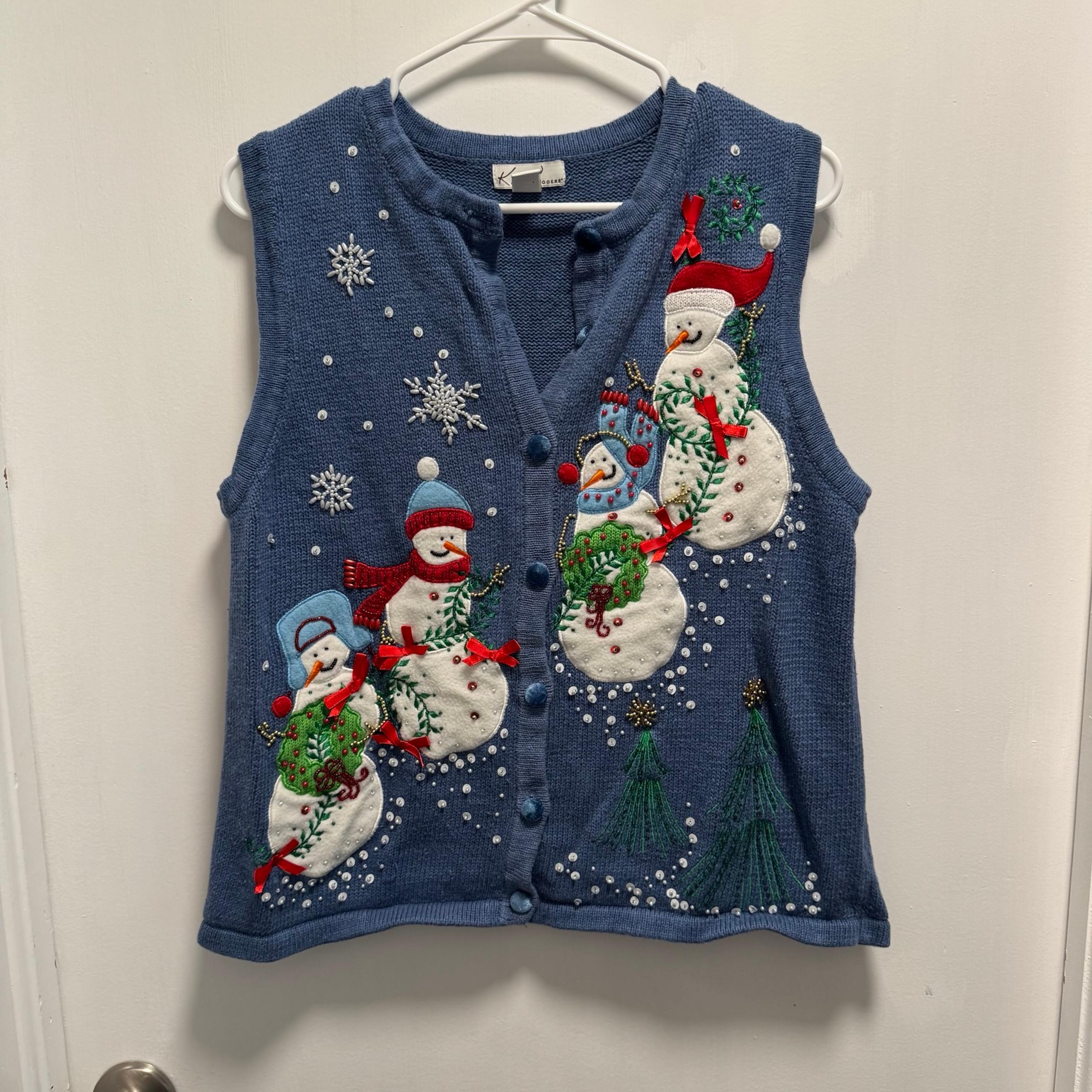 Vintage Kim Rogers Womens Embroidered Snowman Ugly Christmas Sweater Vest Large