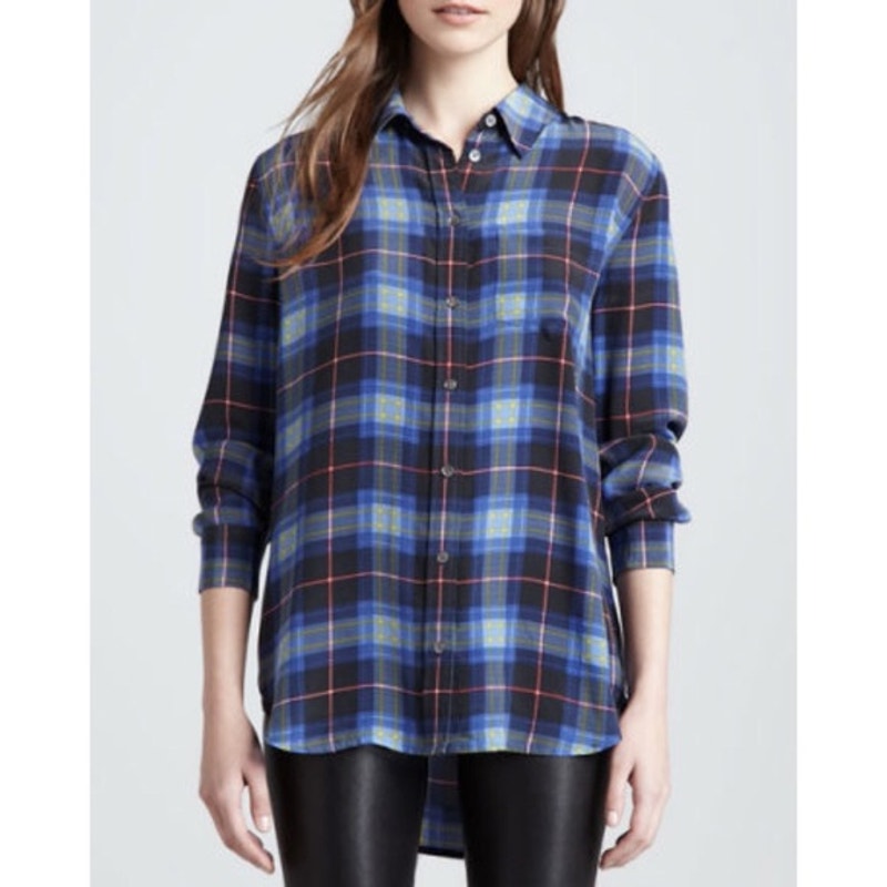 Equipment Reese Plaid Shirt Blue Silk Collared Button Front Long Sleeve Sz XS