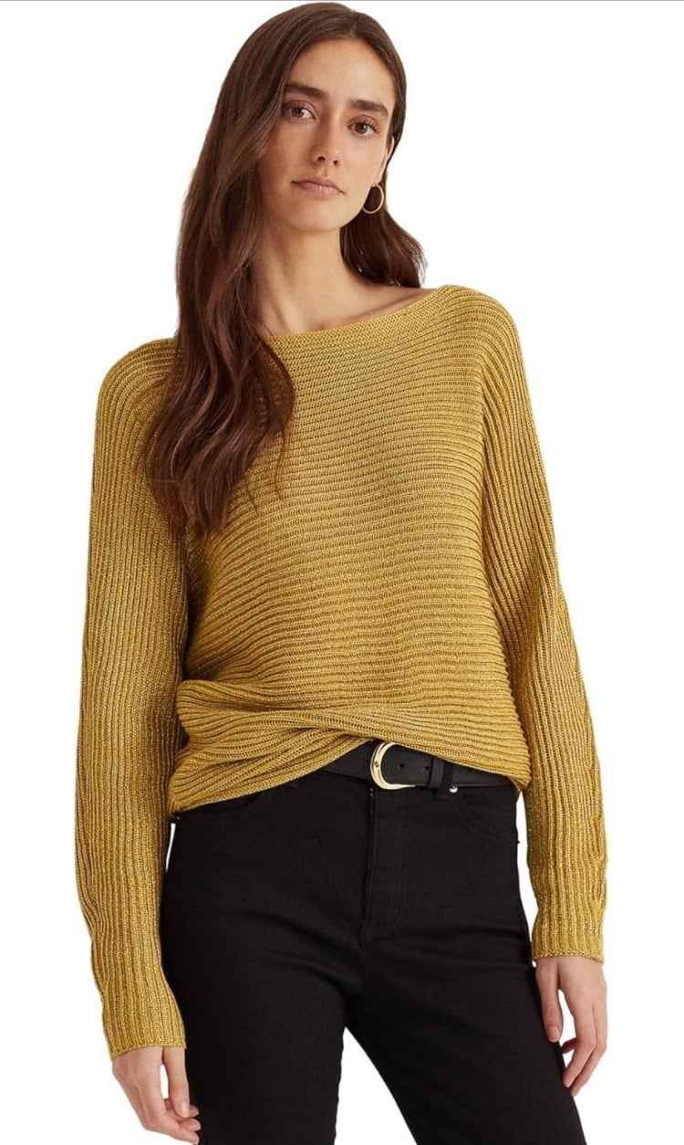 Lauren Ralph Lauren Shiny Gold Rib Knit Boat Neck Sweater