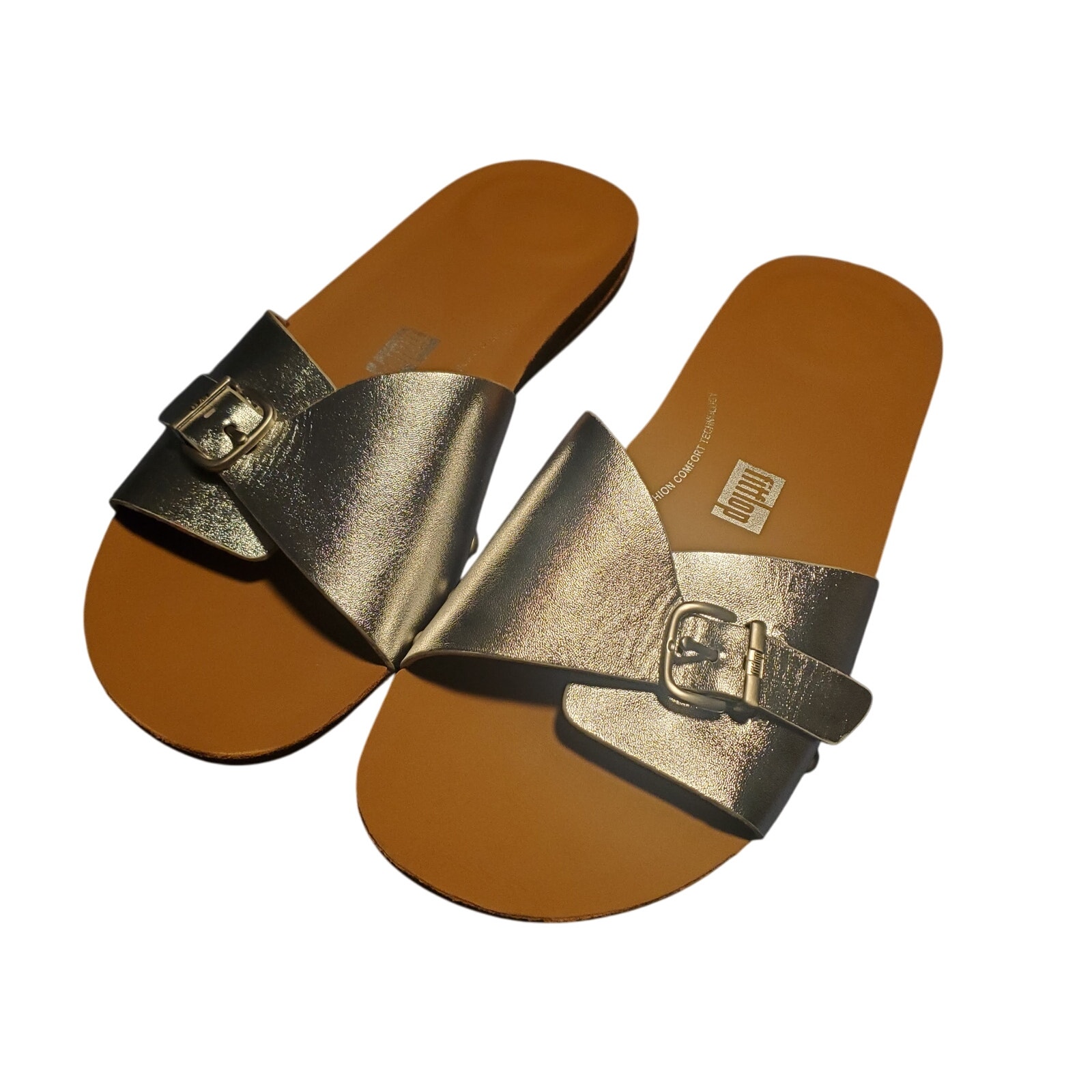 NEW FitFlop Size 10 iQushion Adjustable Buckle Metallic Silver Leather Slide