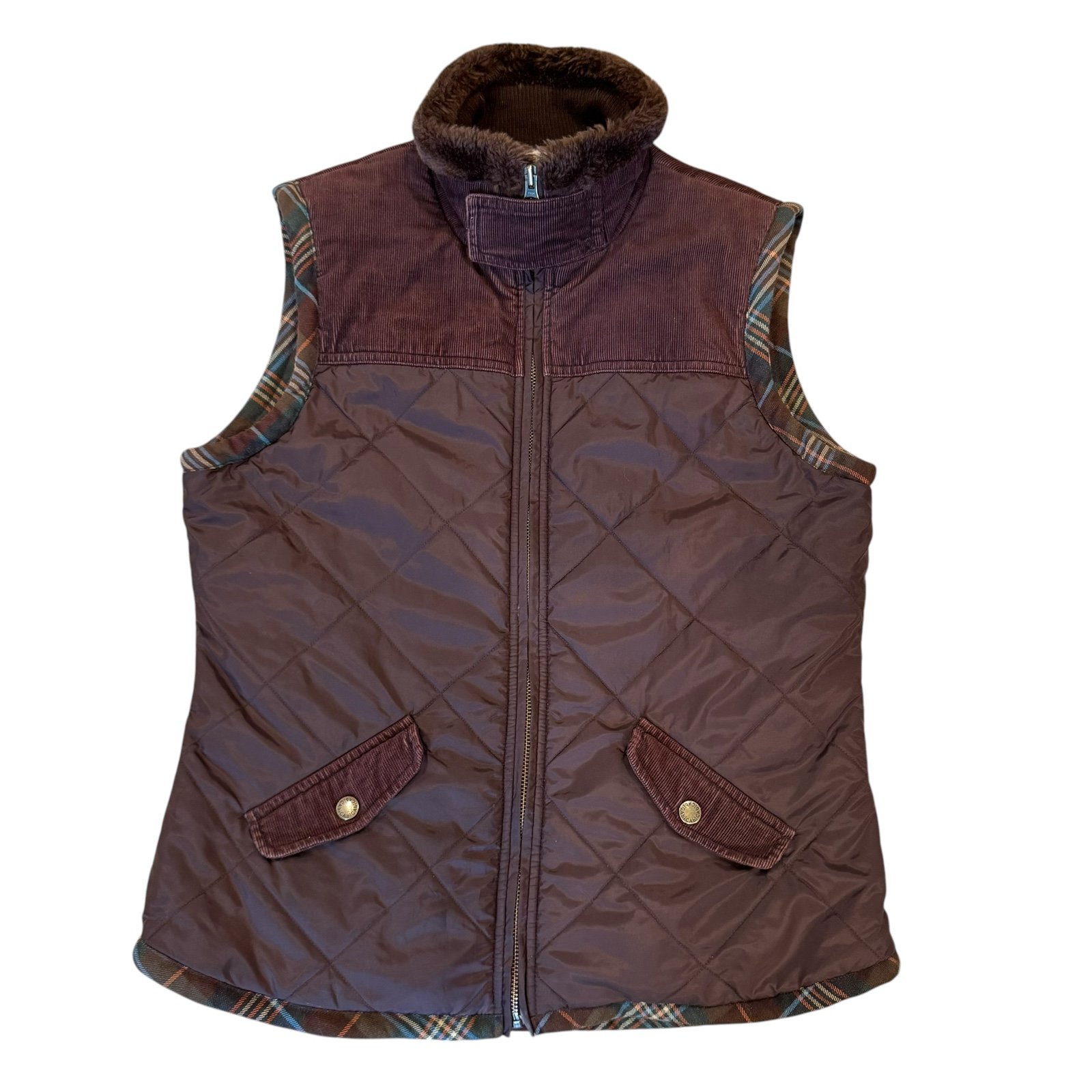 Corduroy and Plaid Trimmed Sunflower Puffer Vest
