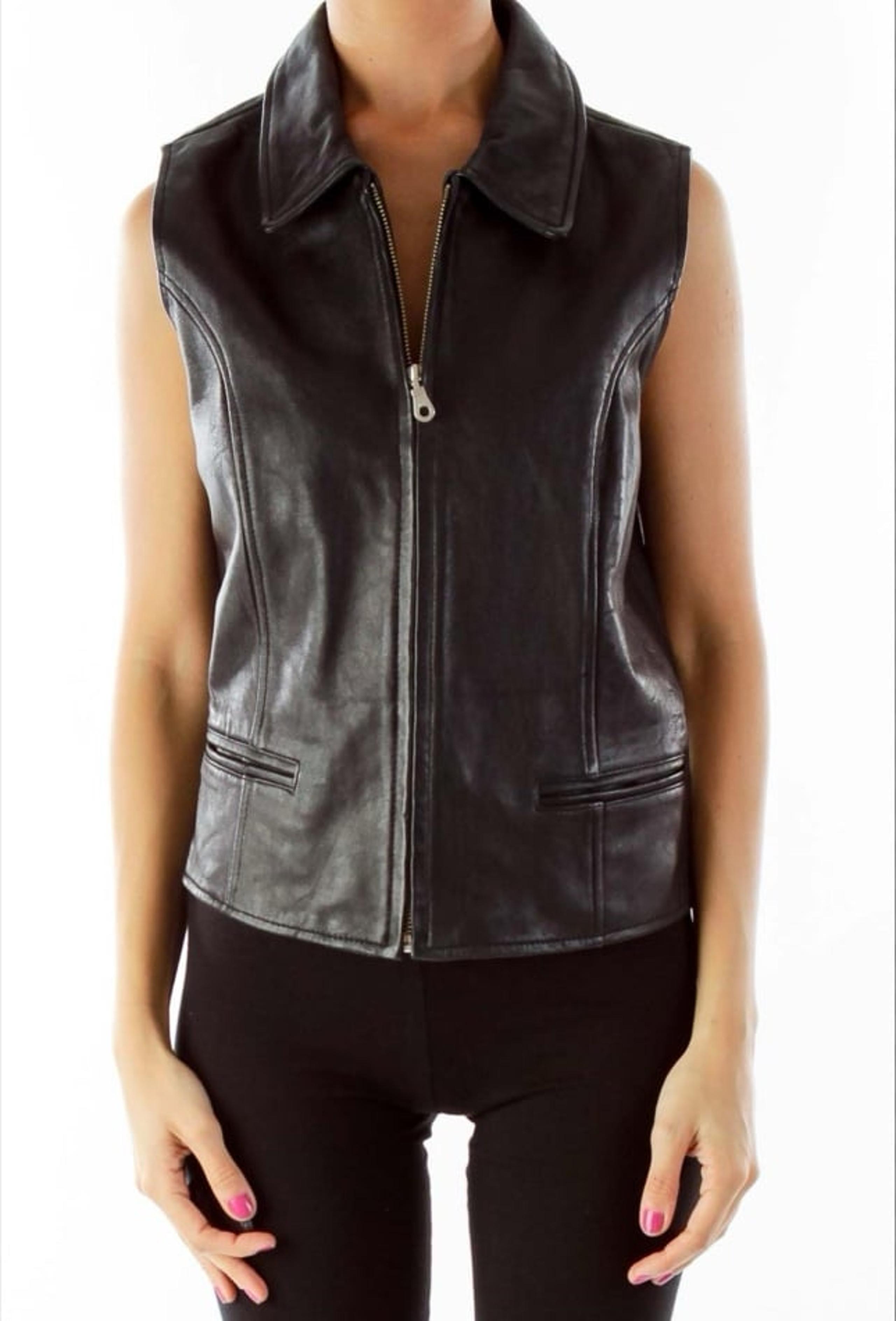 Ann Taylor Womens Black Leather Vest w/ Collar