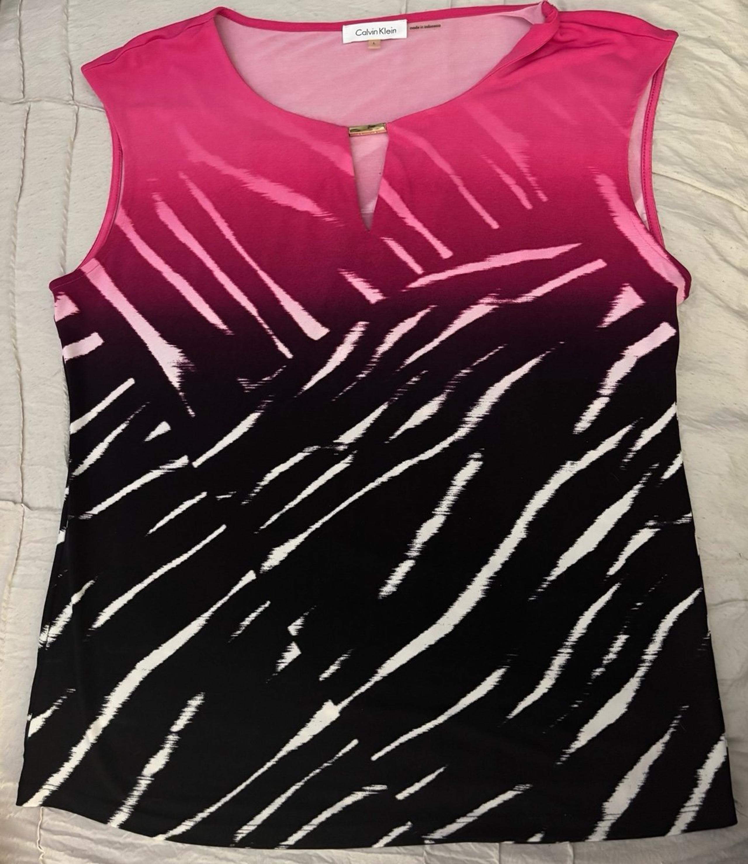 Women’s V-Neck Sleeveless Black and Hot Pink Top Blouse, Size Large - Calvin Klein