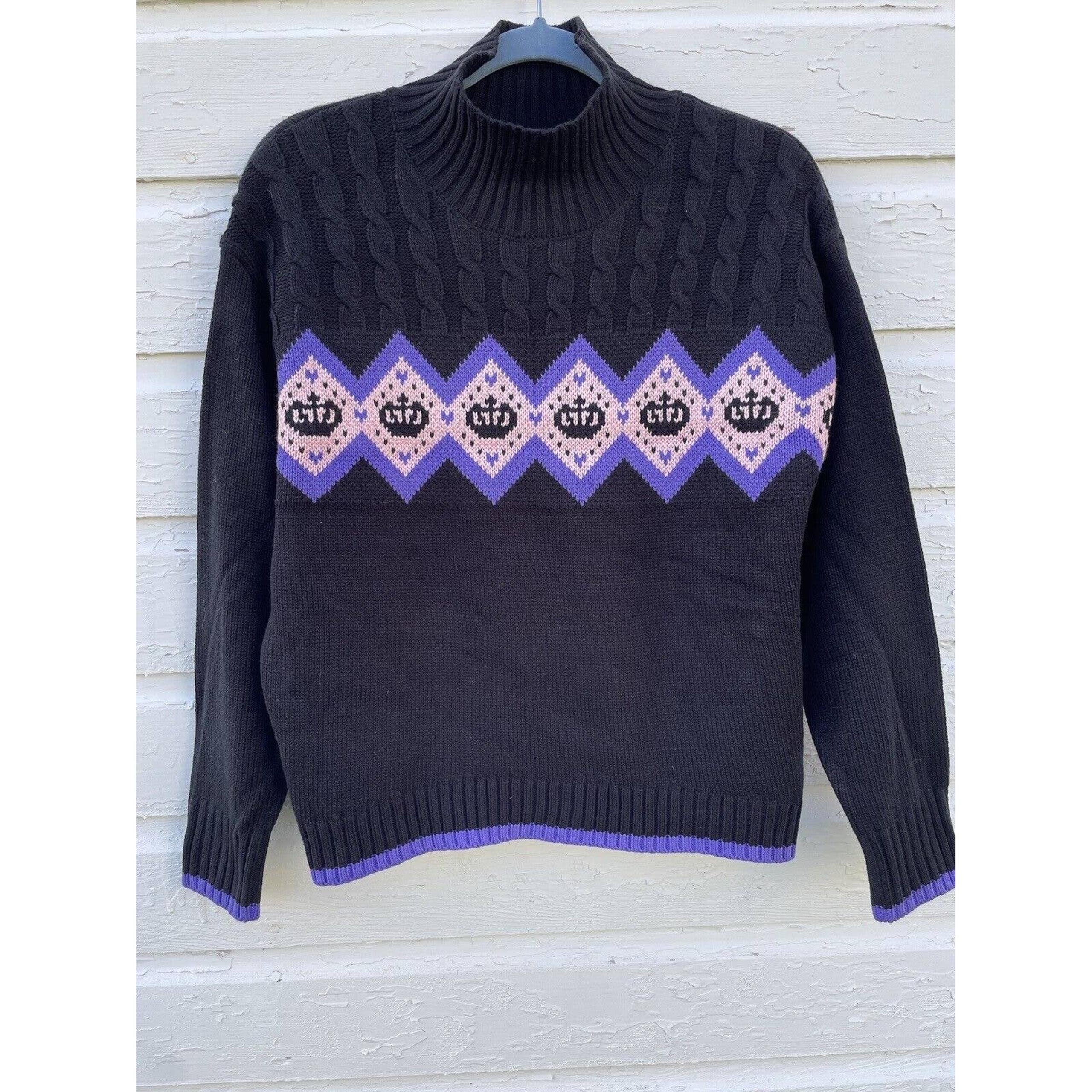 JUICY Couture Sweater Argyle Cable Knit Black Crop Large Y2K Purple Crown Mock