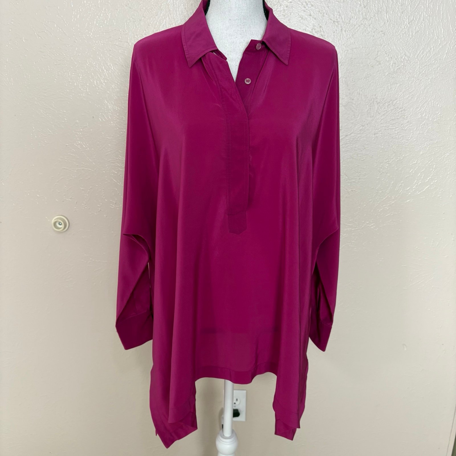 Eileen Fisher Silk Magenta Hot Pink Long Sleeve Asymmetrical Tunic Top Size XS