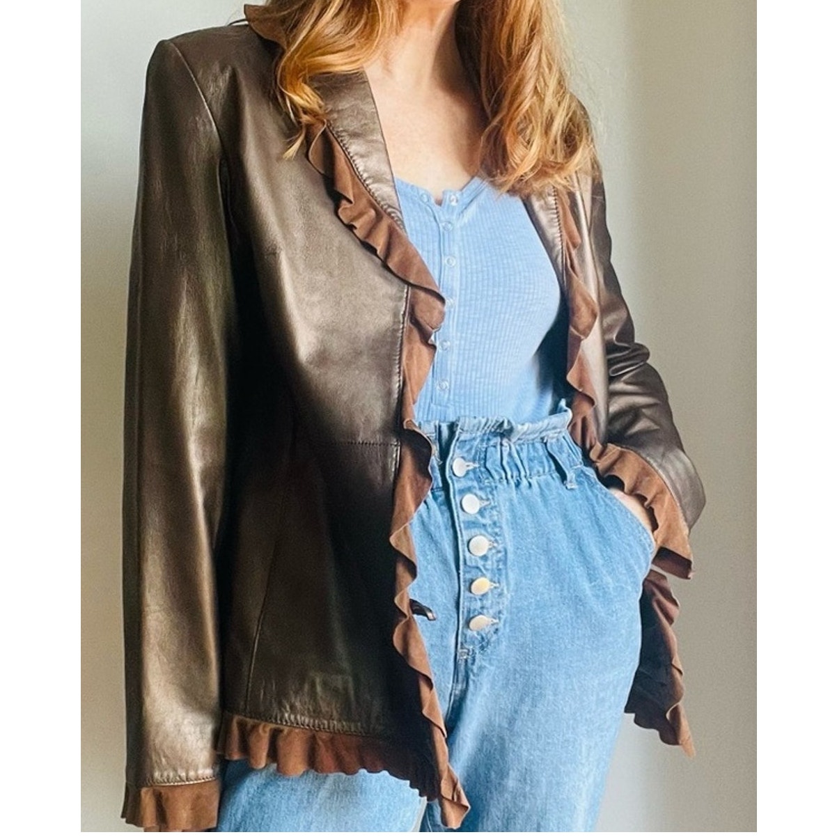 Vintage 90s Mocha Mousse Leather Jacket with Ruffle Trim Size Medium