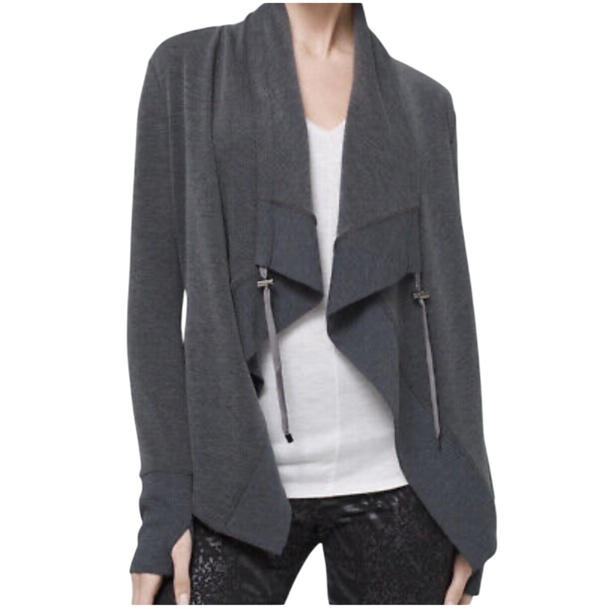 White House Black Market Drape Open Front Cardigan Steampunk Gray Thumb Hole S