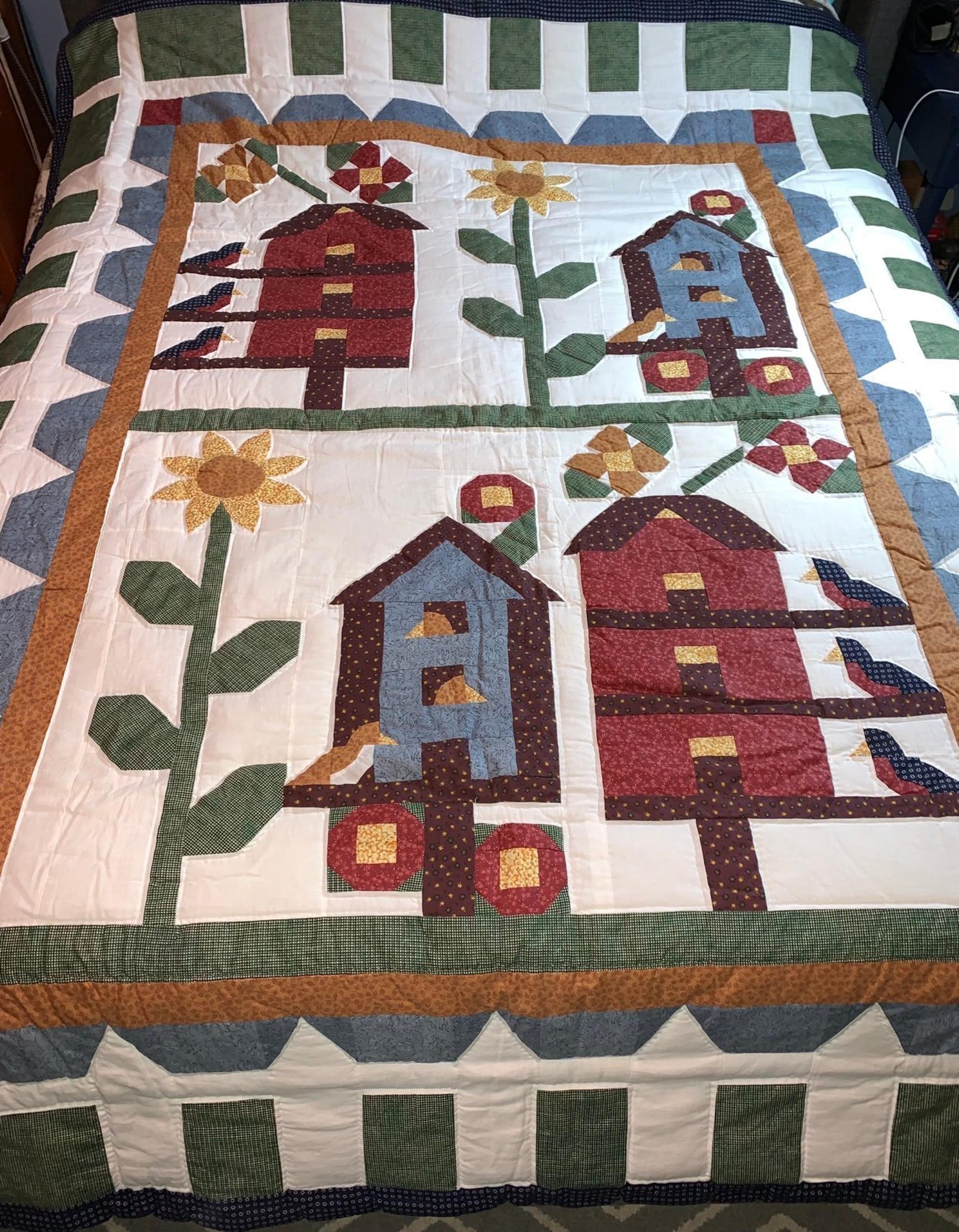 Quilt “A Birds Eye View” 65”x84” & 3 Shams Set Birds On Birdhouse Sunflower Q226