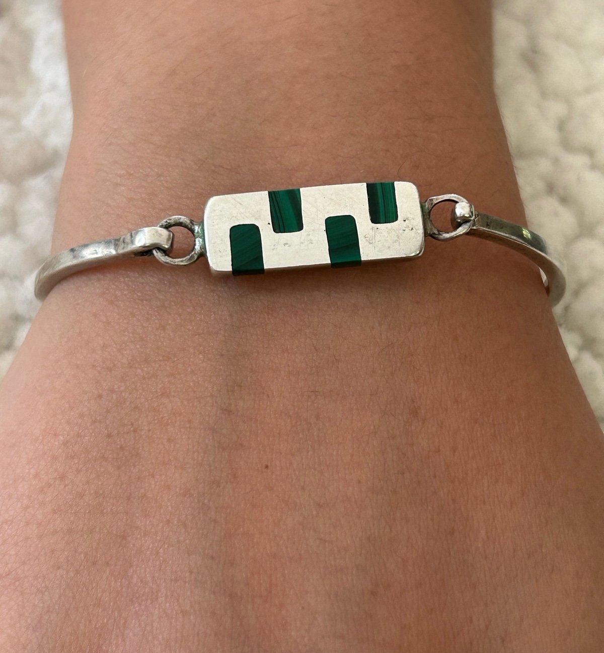 Vtg TAXCO MODERNIST malachite hinged bangle BRACELET sterling silver