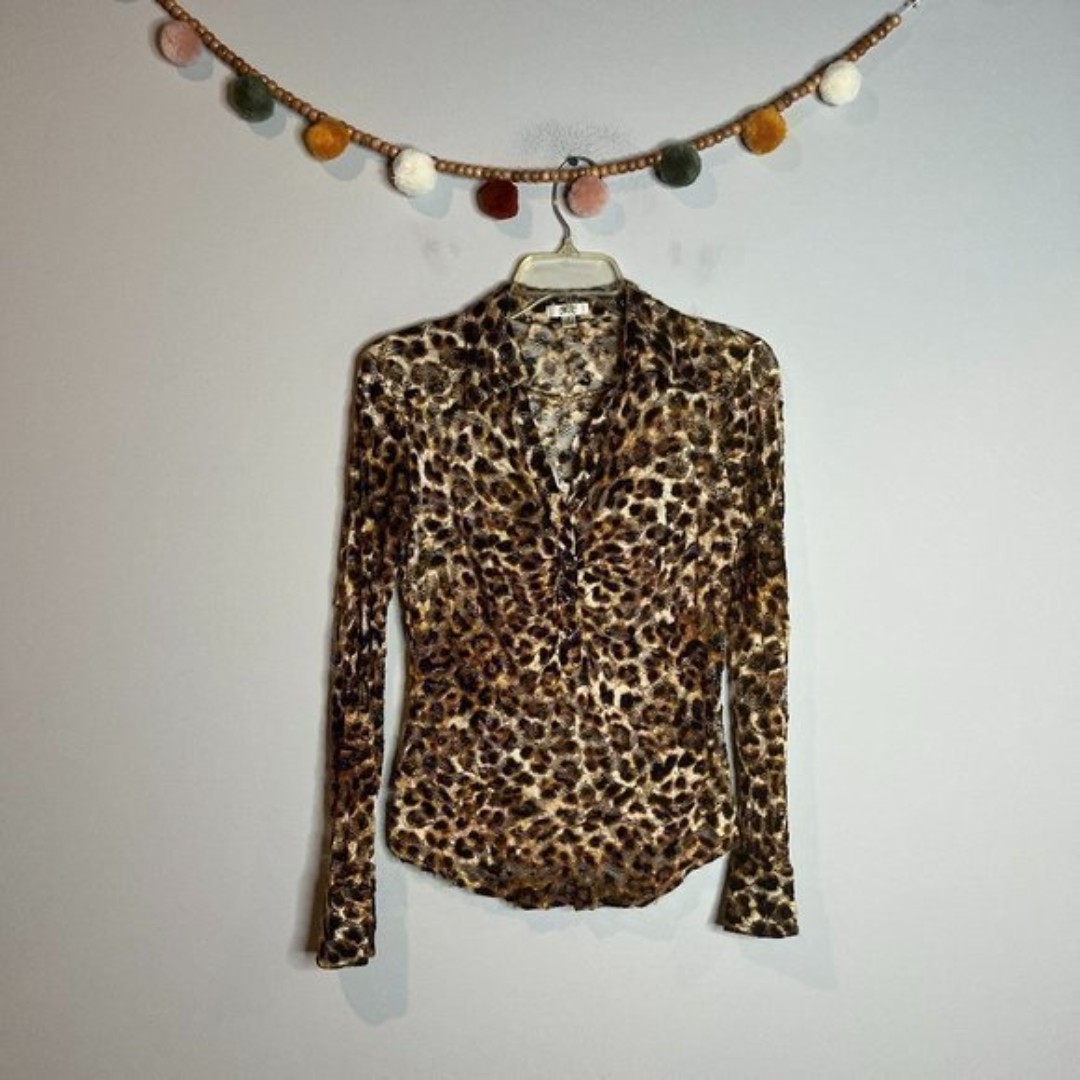 Y2K Cache leopard print lacy collared blouse