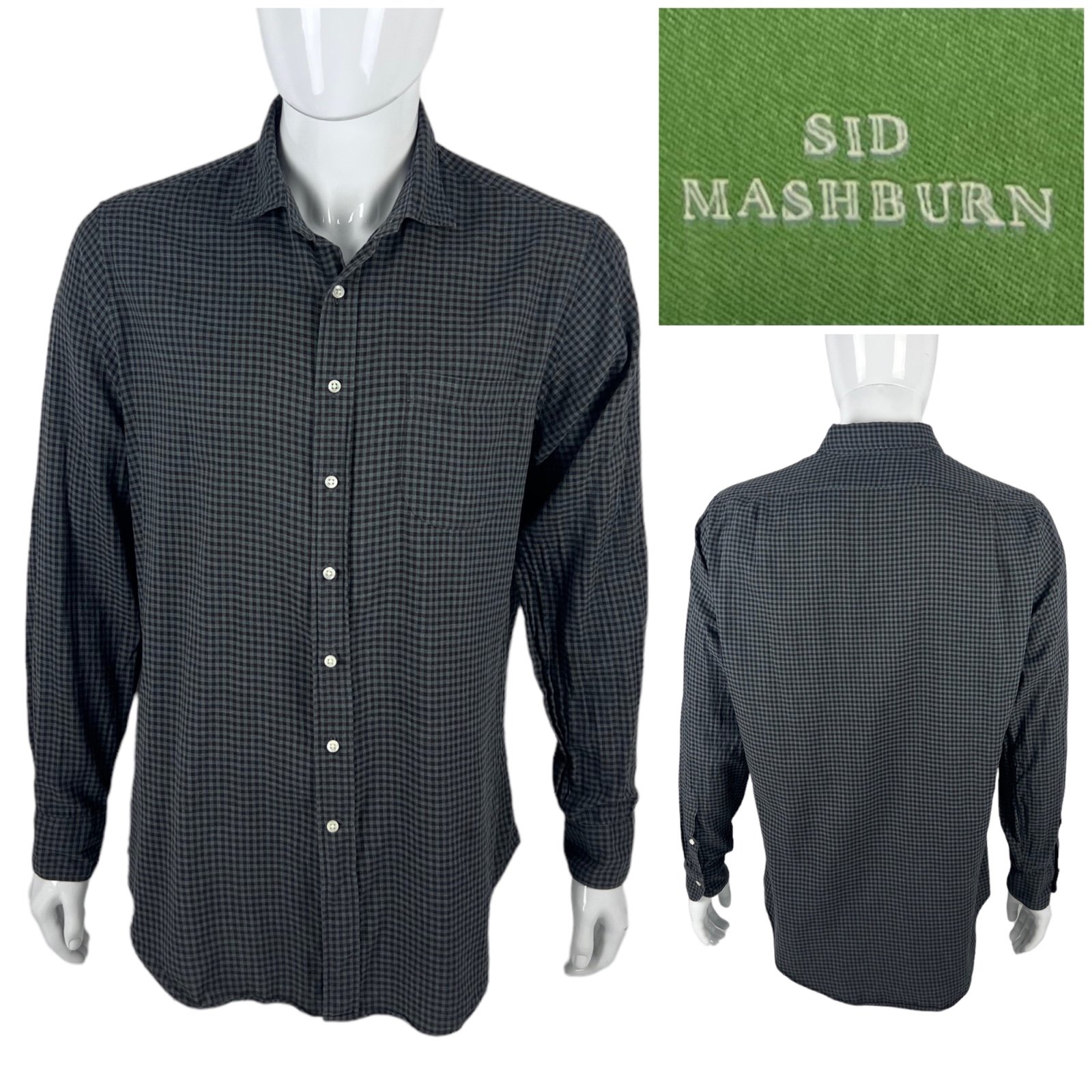 Sid Mashburn Mens Large Shirt 100% Cotton Gray Plaid Button Down Long Sleeve