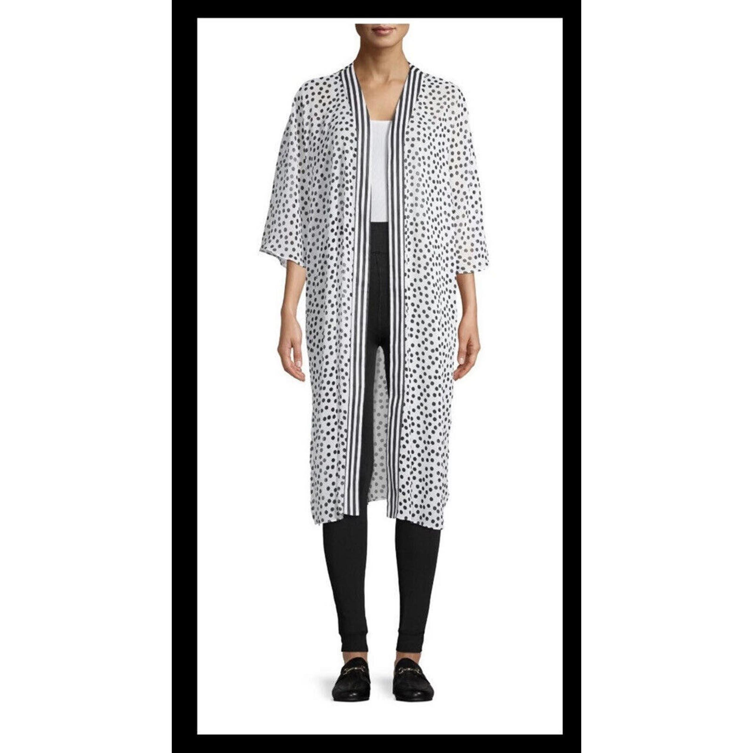 No Boundaries L-XL Juniors' Stripe Dot Chiffon Women’s Kimono Top Black/white