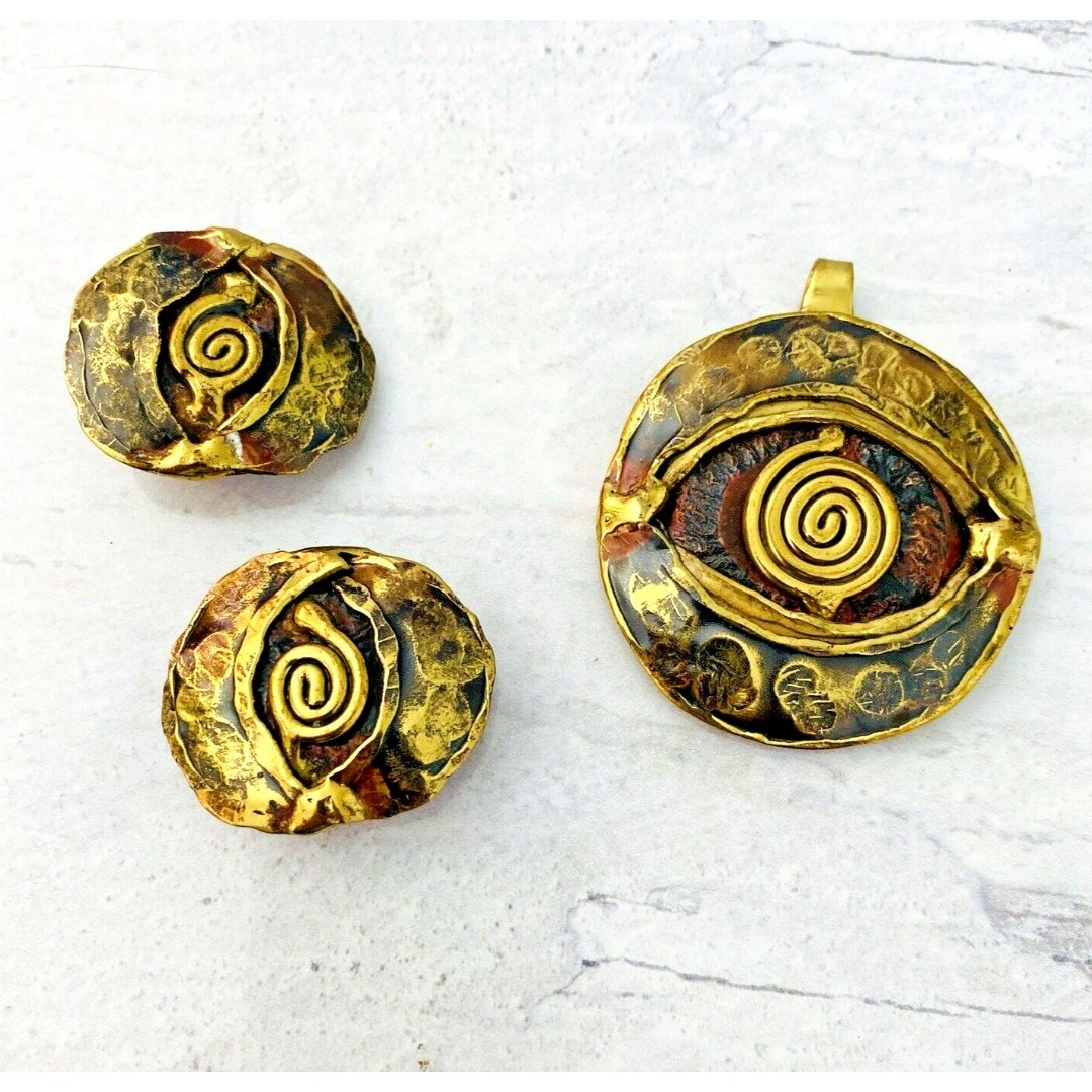 Vintage Modernist Mixed Metals Eye Pendant Clip On Earrings Set