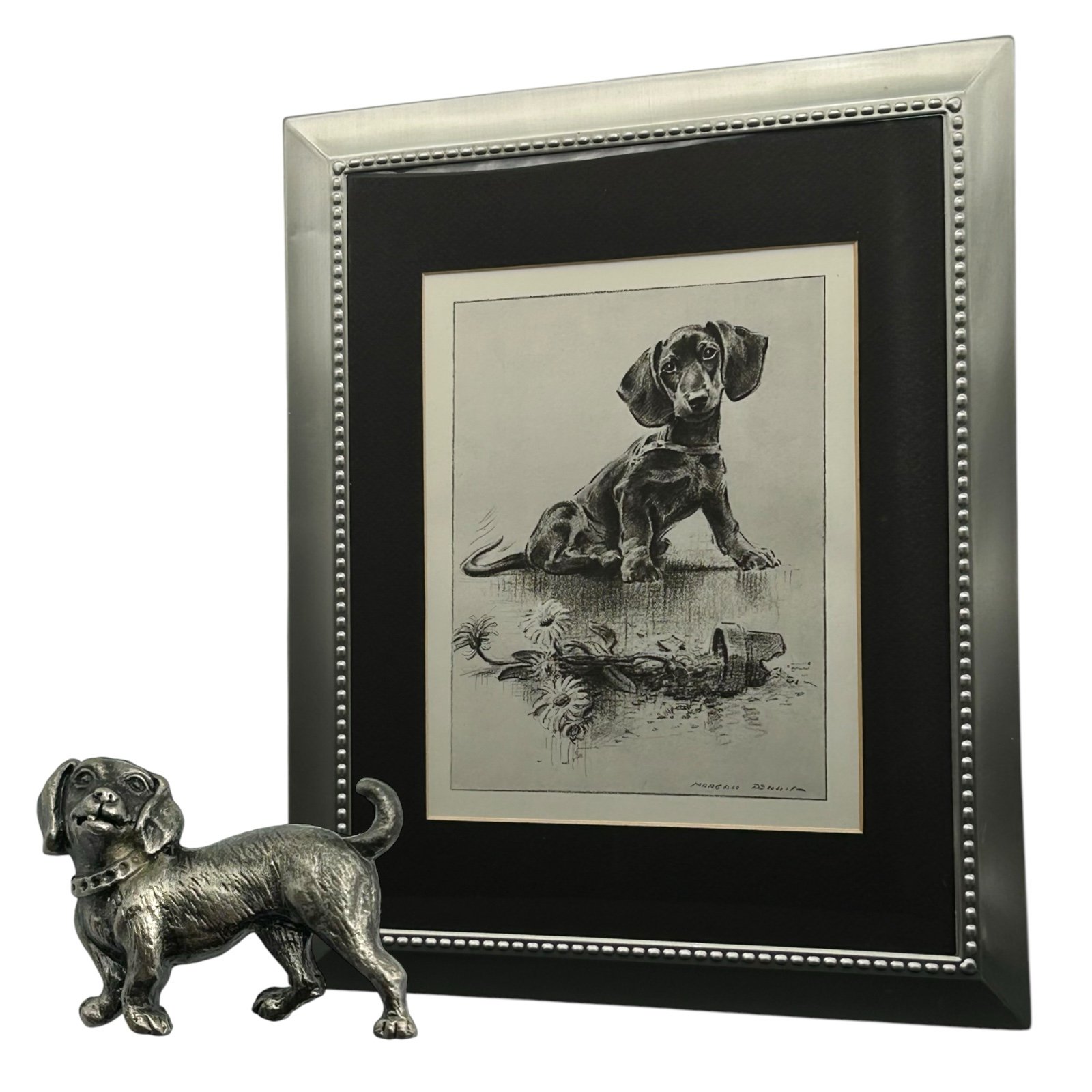 Vintage 1946 Morgan Dennis Dachshund Dog Framed Print Pewter Brooch Pin Included