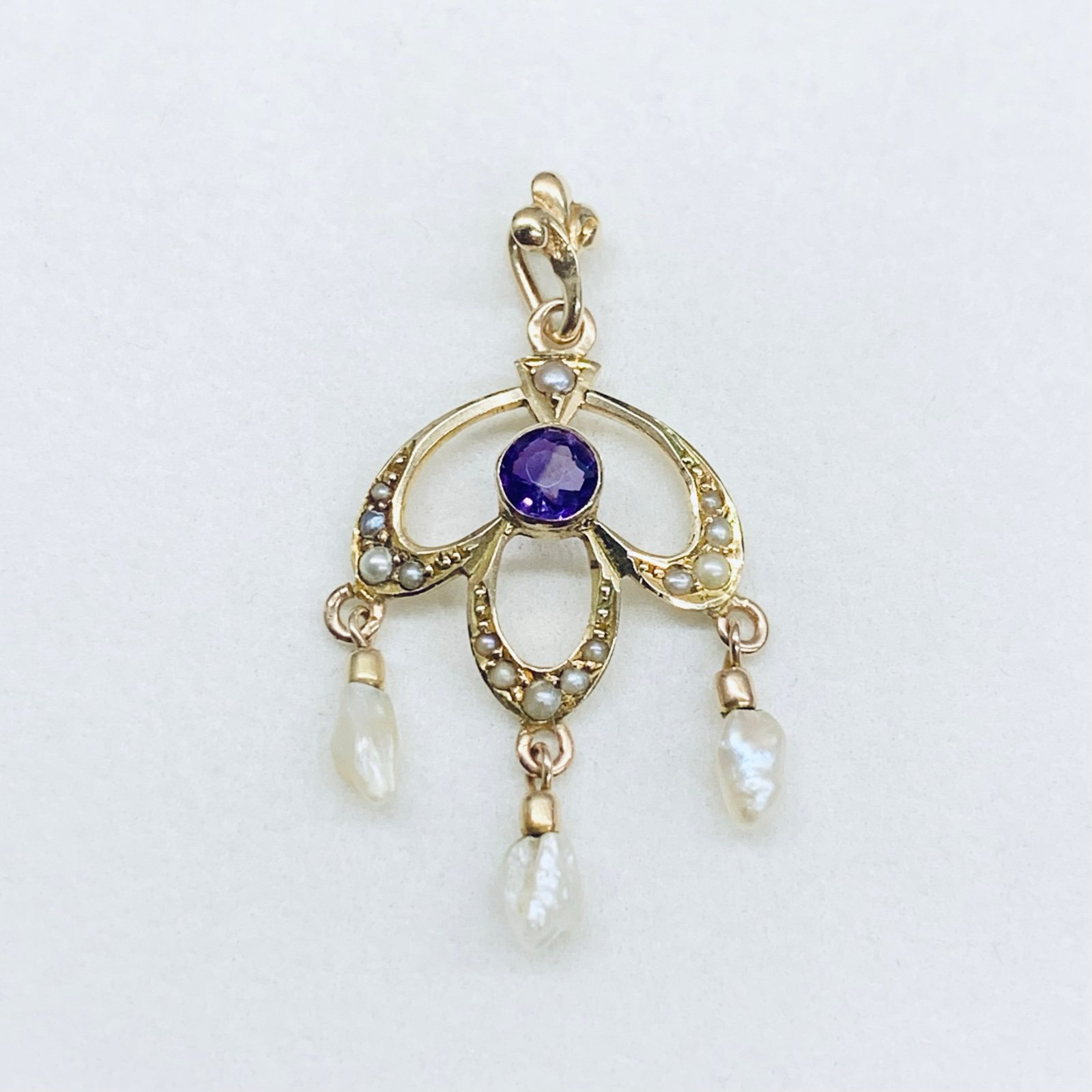 10k Yellow Gold Amethyst Purple Gemstone Dangle Drop Baroque Pearl Pendant Charm
