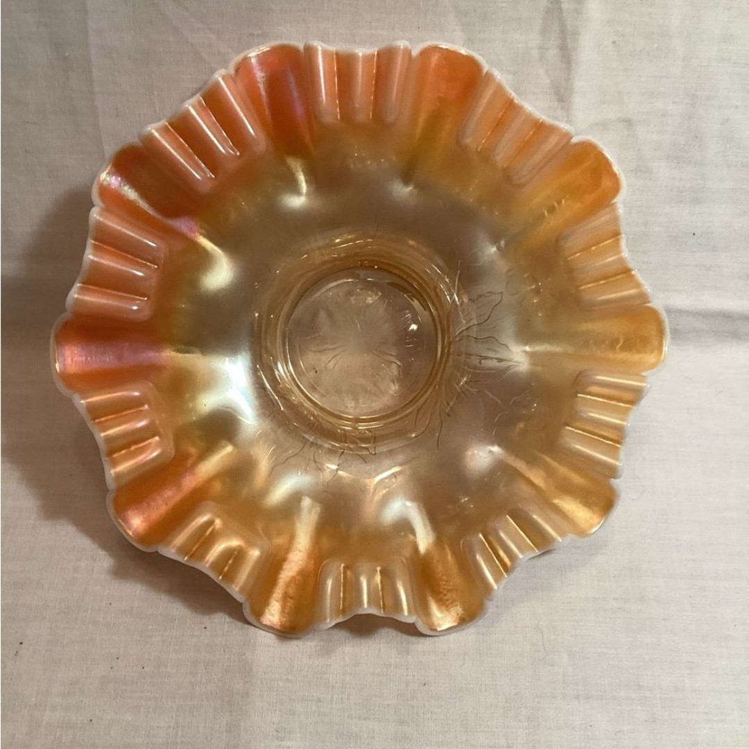 Carnival Glass Vintage Iridescent Ruffled Glass Bowl Floral Design Impressed
