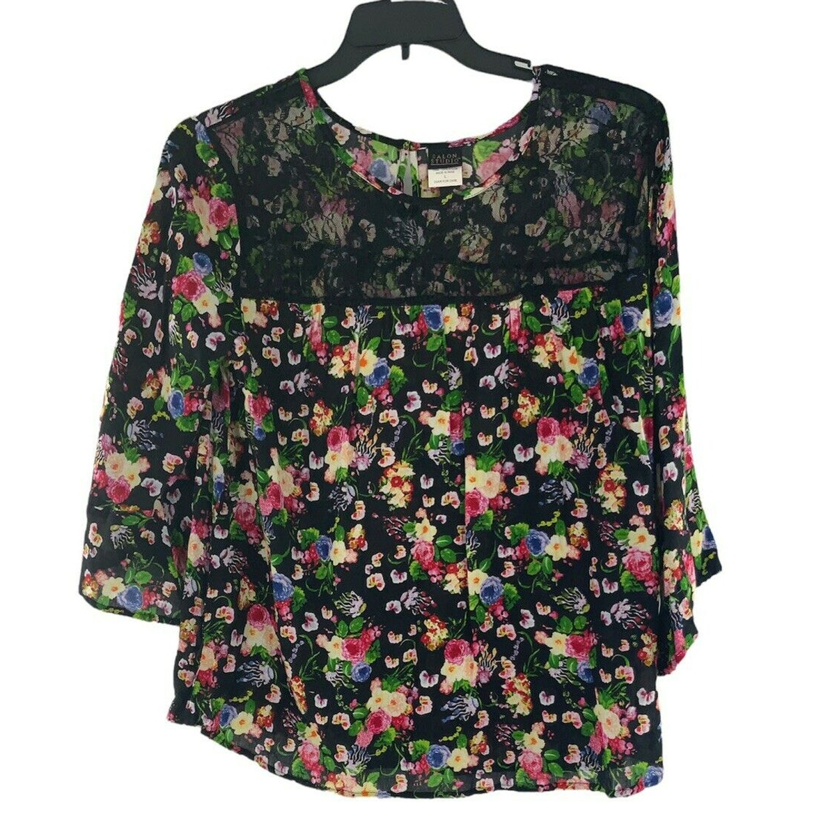 Salon Studio Top Women's Large Multicolor 3/4 Sleeve Floral Printed Lace Blouse