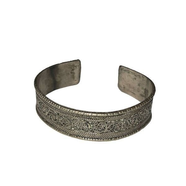 Vintage Artisan Crafted In Nepal Filigree Pattern Silver Played Cuff Bracelet