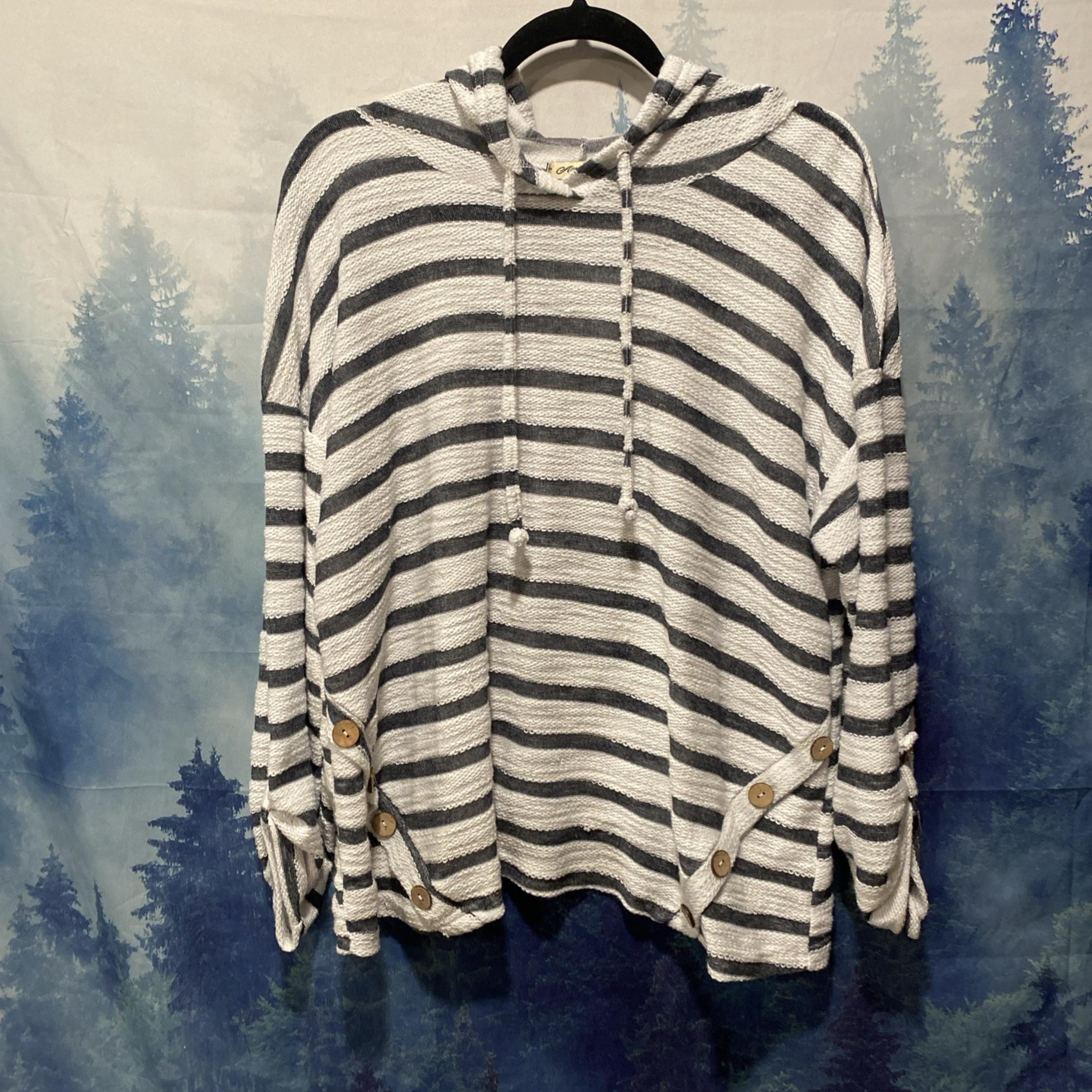 All in Love Pullover Hoodie Top 3/4 Sleeve Sweatshirt White Gray Striped Size 2x