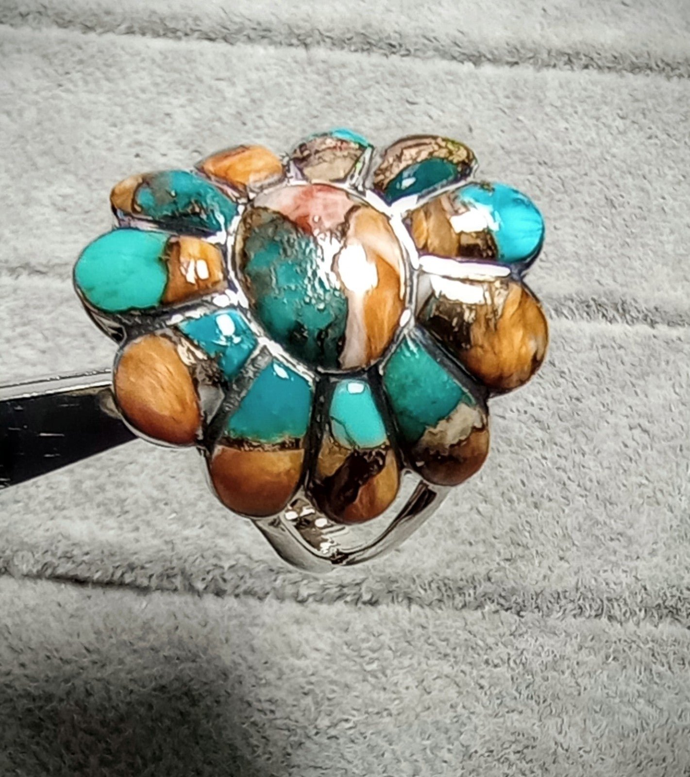 Genuine Natural Turquoise & Spiny Oyster Sterling Silver Ring SIZE 8