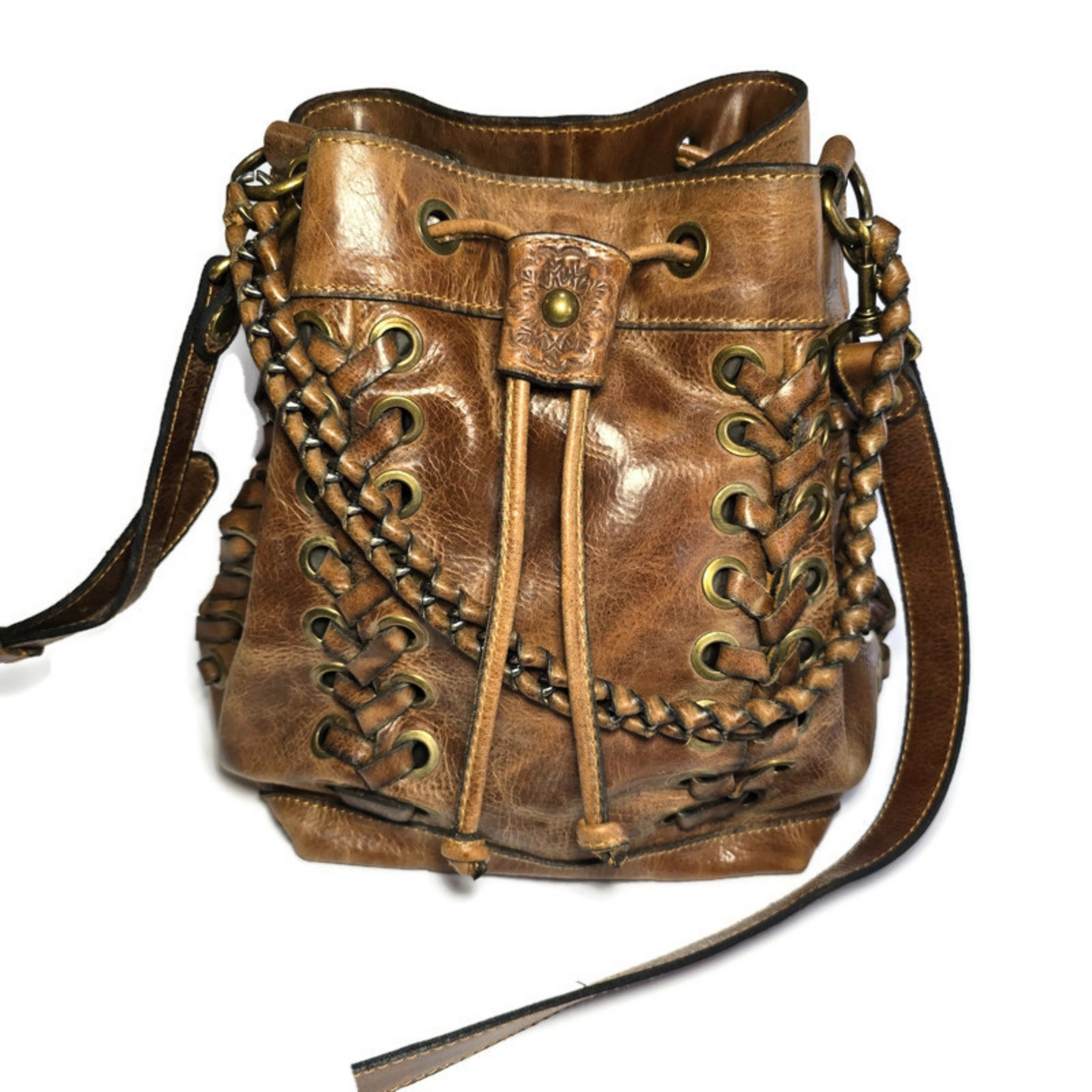 Patricia Nash Bucket Martina Brown Leather Grommet Crossbody Drawstring