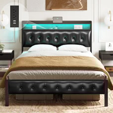 King Bed Frame with Storage Headboard Upholstered Platform Bed with LED