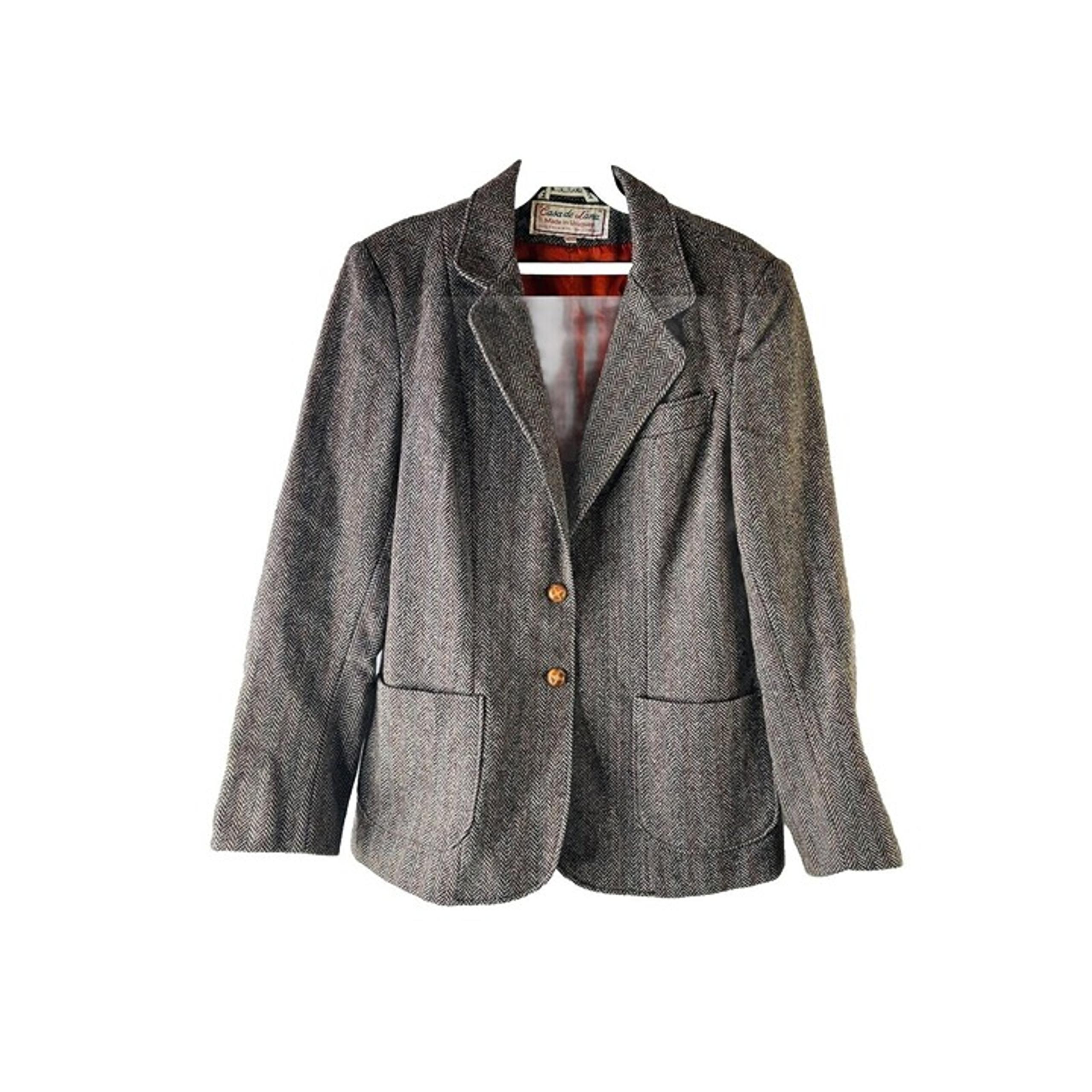Vintage 70s Womens 14 Wool Herringbone Two Button Blazer Jacket Preppy Academia