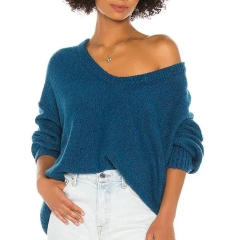 NEW Free People Brookside Tunic Oversized Kawaii Teal Sweater Halcyon Blue Sz Lg