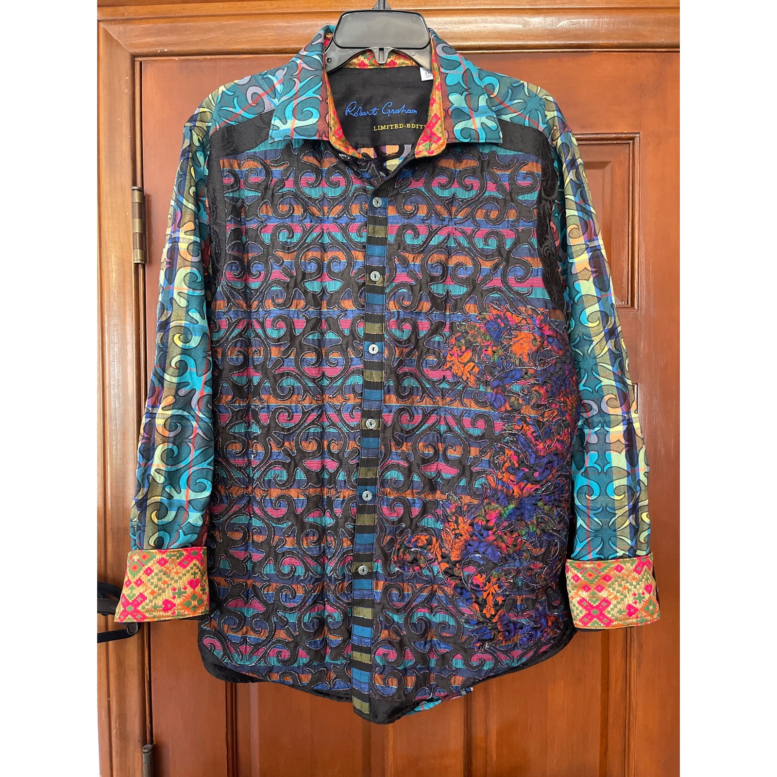 Robert Graham multi print, multicolor embroidered front button-down shirt
