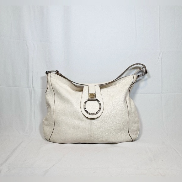 Furla Large White Pebbled Leather Hobo Shoulder Bag Italy