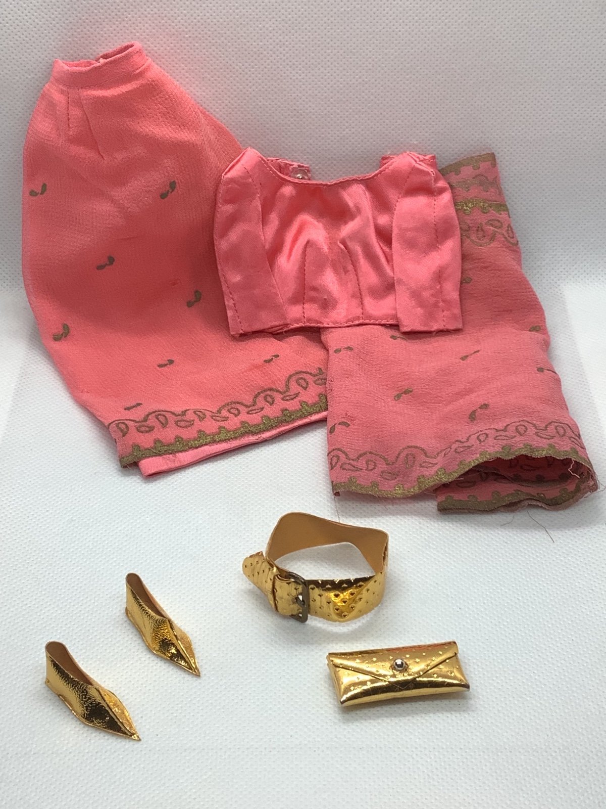 Vintage 1960's Mattel Barbie Arabian Nights Pink & Gold Outfit Belt Shoes Bag